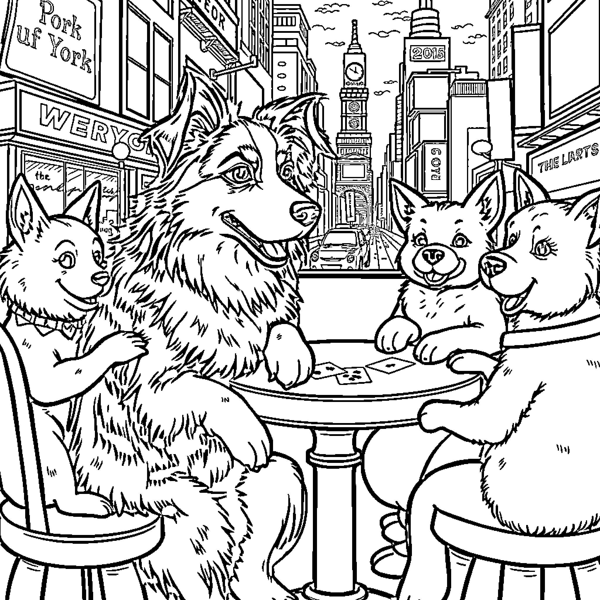 Australian Shepherd Dogs Enjoying a Cafe in New York City Coloring Page (free black-and-white line drawing printable PDF for all, from beginners to advanced learners, including children, teens, adults, and seniors)