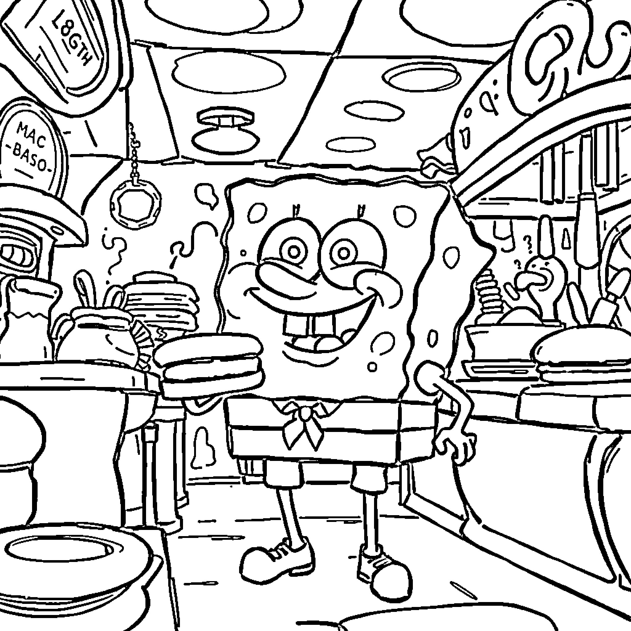 Spongebob in his quirky Bikini Bottom environment Coloring Page (free black-and-white line drawing printable PDF for all, from beginners to advanced learners, including children, teens, adults, and seniors)