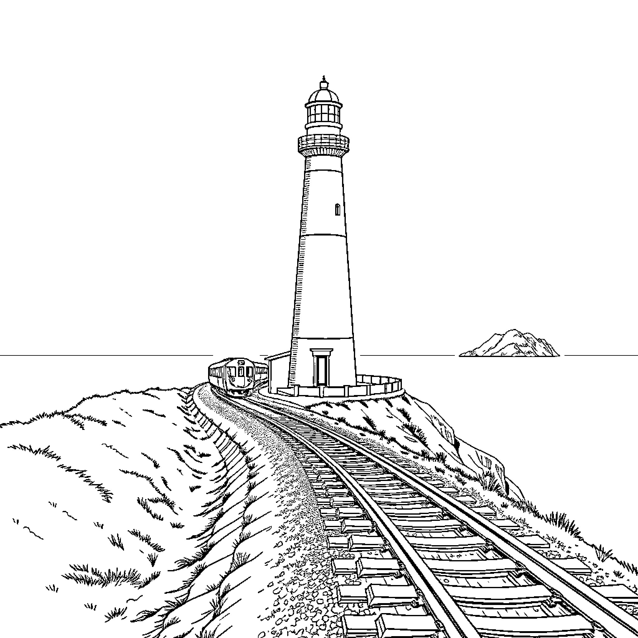 Train crossing leading to lighthouse on rocky coast Coloring Page (free black-and-white line drawing printable PDF for all, from beginners to advanced learners, including children, teens, adults, and seniors)