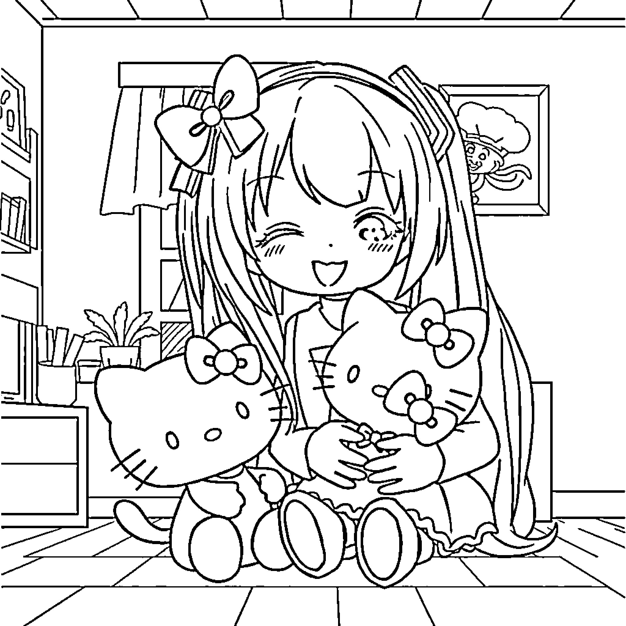 Hatsune Miku playing with Hello Kitty plush Coloring Page (free black-and-white line drawing printable PDF for all, from beginners to advanced learners, including children, teens, adults, and seniors)