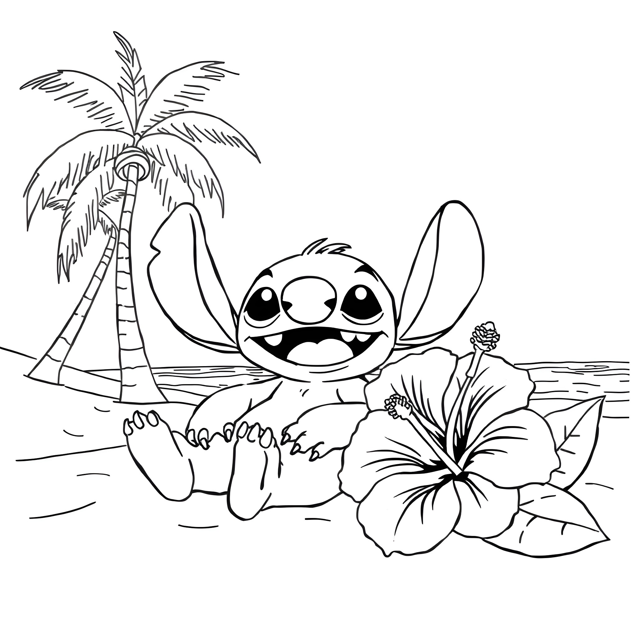 Stitch relaxing on a tropical beach Coloring Page (free black-and-white line drawing printable PDF for all, from beginners to advanced learners, including children, teens, adults, and seniors)