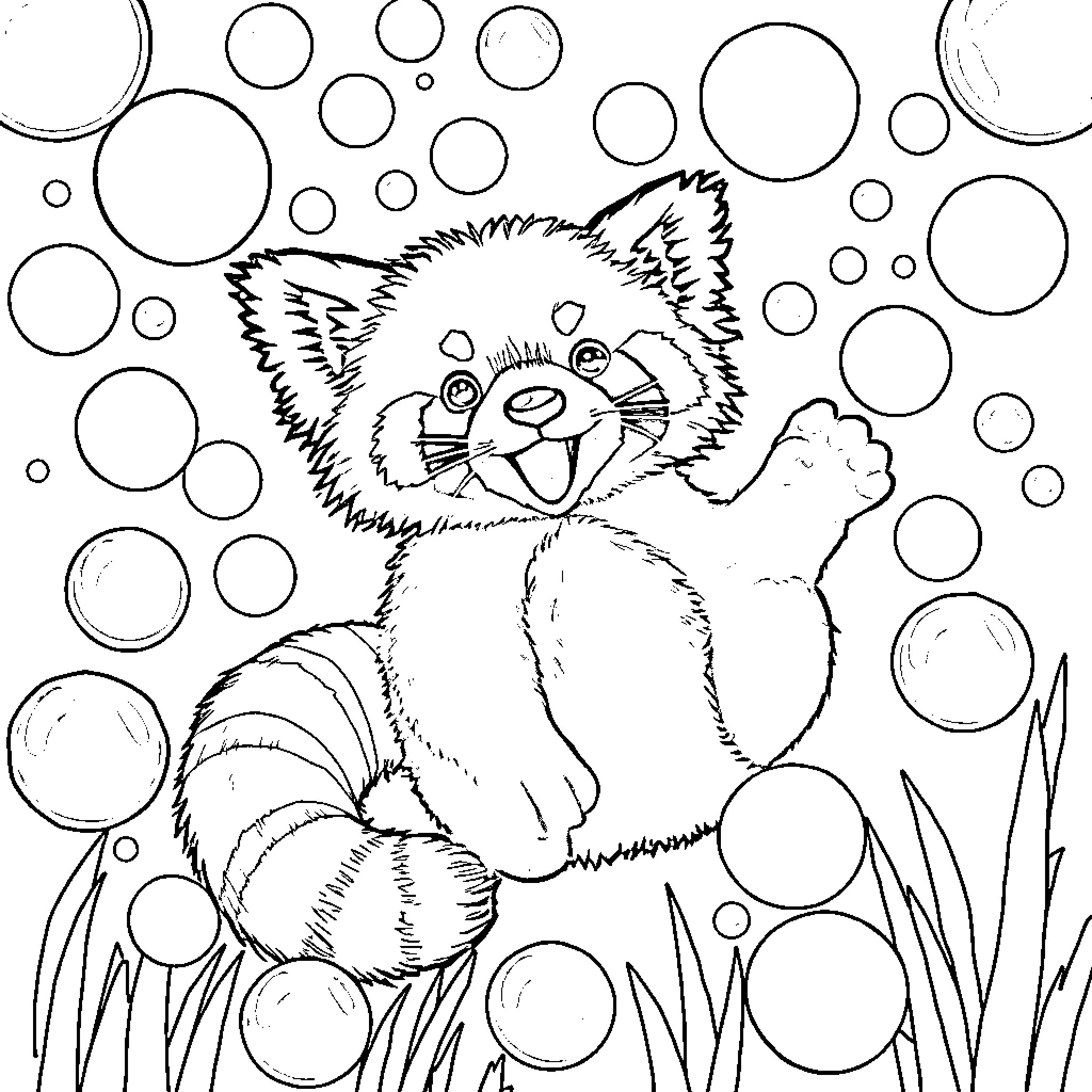 Panda playing joyfully in a bubble-filled world Coloring Page (free black-and-white line drawing printable PDF for all, from beginners to advanced learners, including children, teens, adults, and seniors)