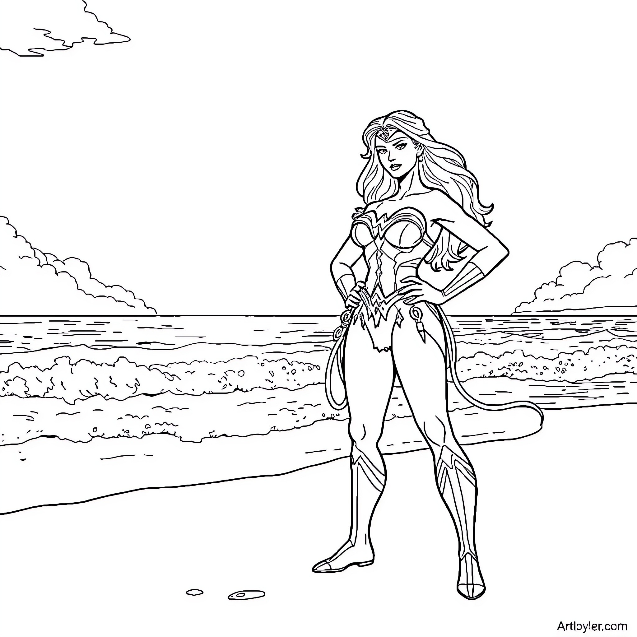 Wonder Woman standing confidently on a beach Coloring Page (free black-and-white line drawing printable PDF for all, from beginners to advanced learners, including children, teens, adults, and seniors)