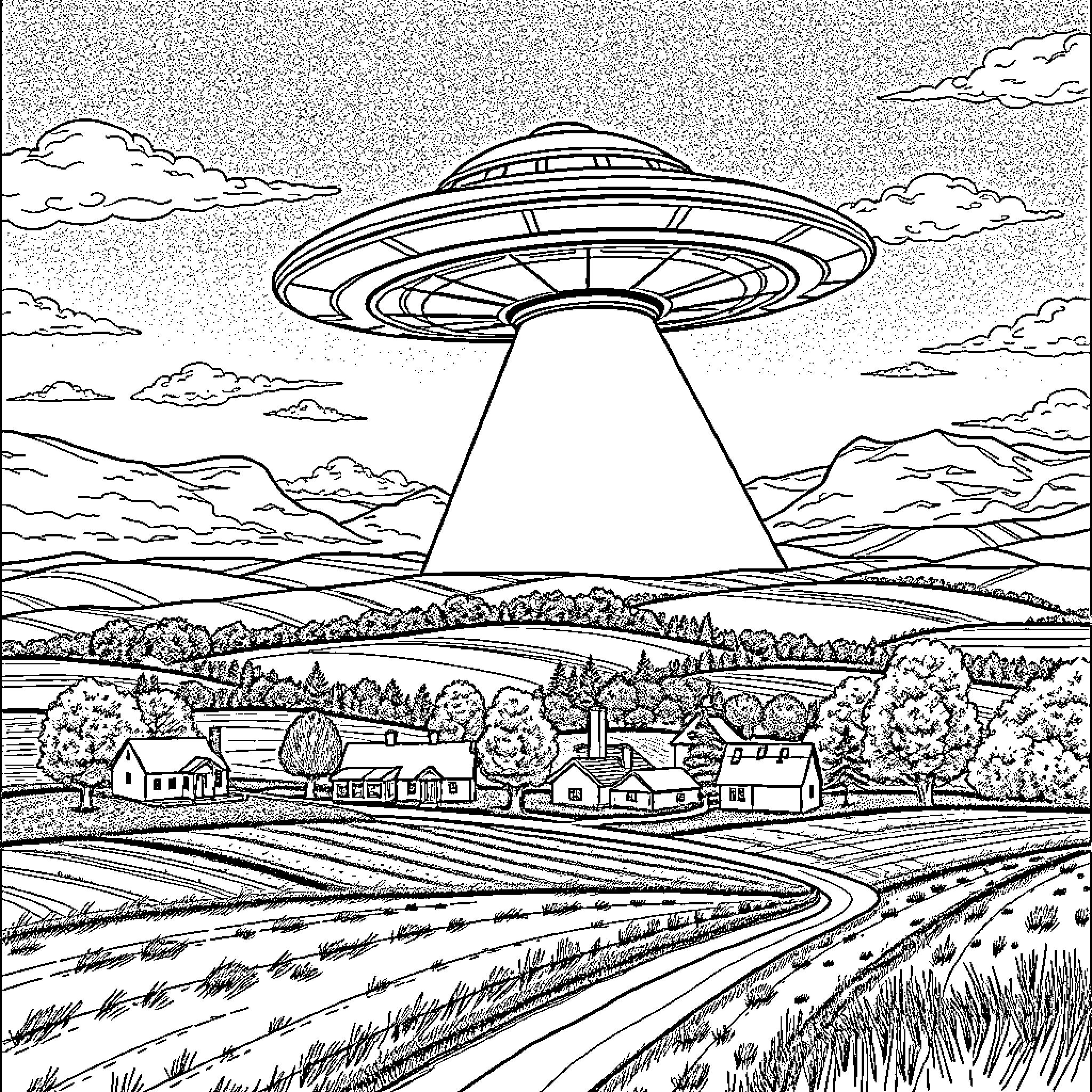 UFO hovering over a tranquil countryside Coloring Page (free black-and-white line drawing printable PDF for all, from beginners to advanced learners, including children, teens, adults, and seniors)