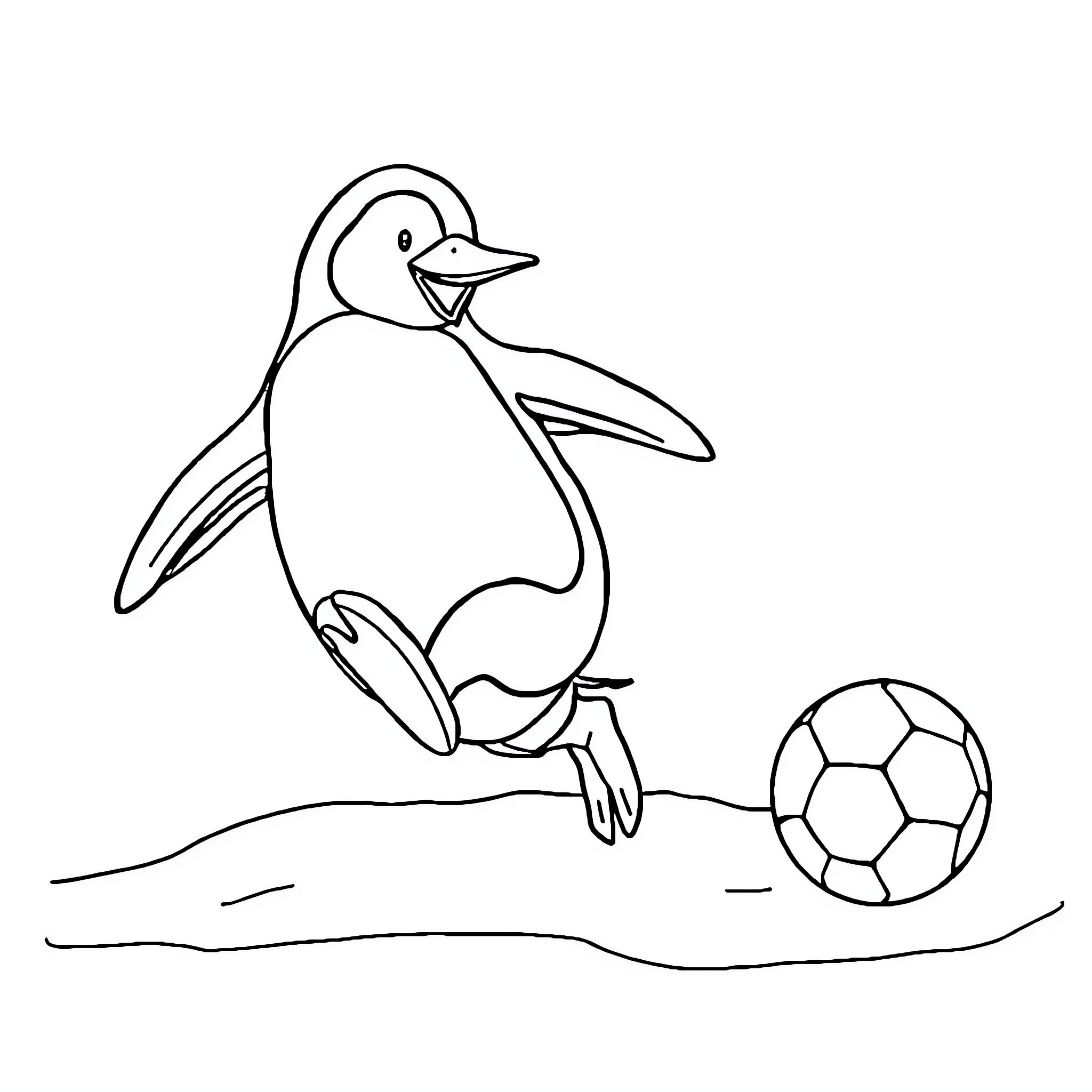 Penguin playing with soccer ball Coloring Page (free black-and-white line drawing printable PDF for all, from beginners to advanced learners, including children, teens, adults, and seniors)