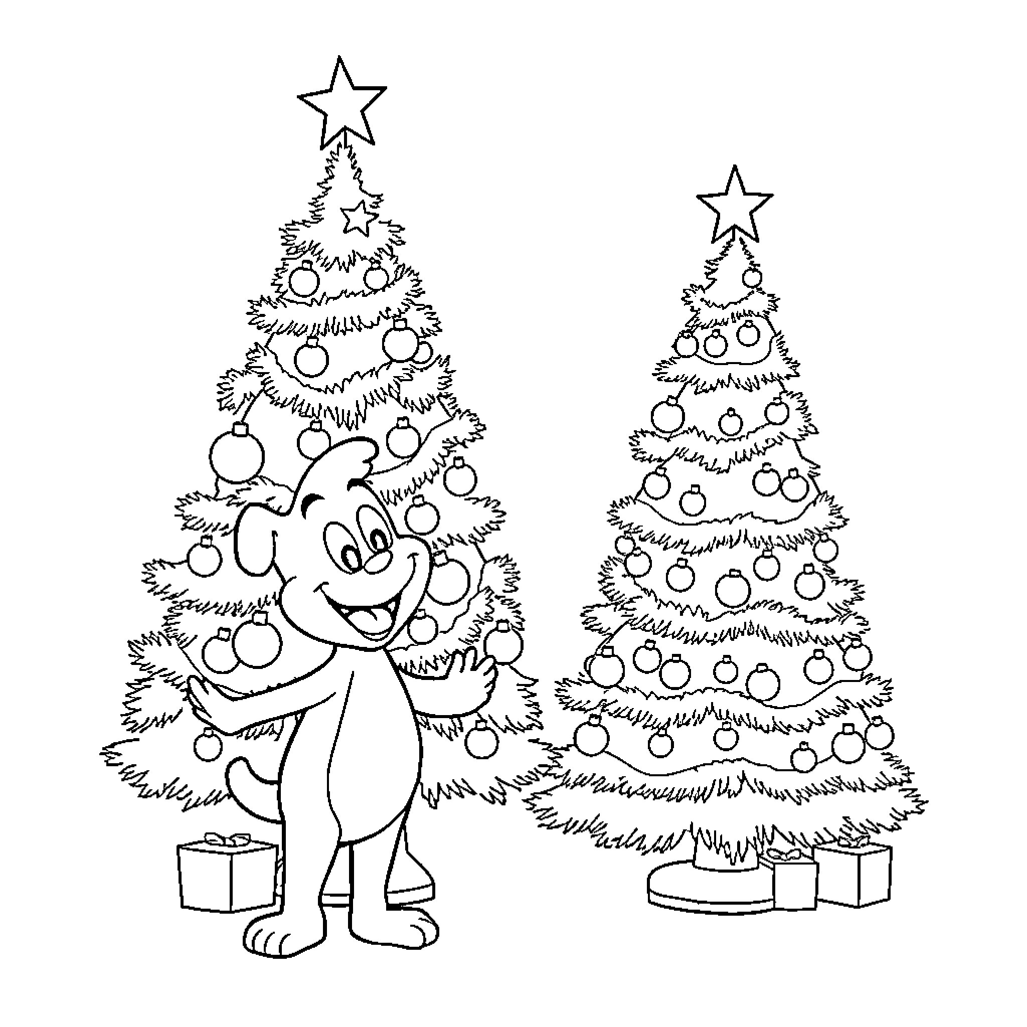 Curly characters decorate Christmas trees Coloring Page (free black-and-white line drawing printable PDF for all, from beginners to advanced learners, including children, teens, adults, and seniors)