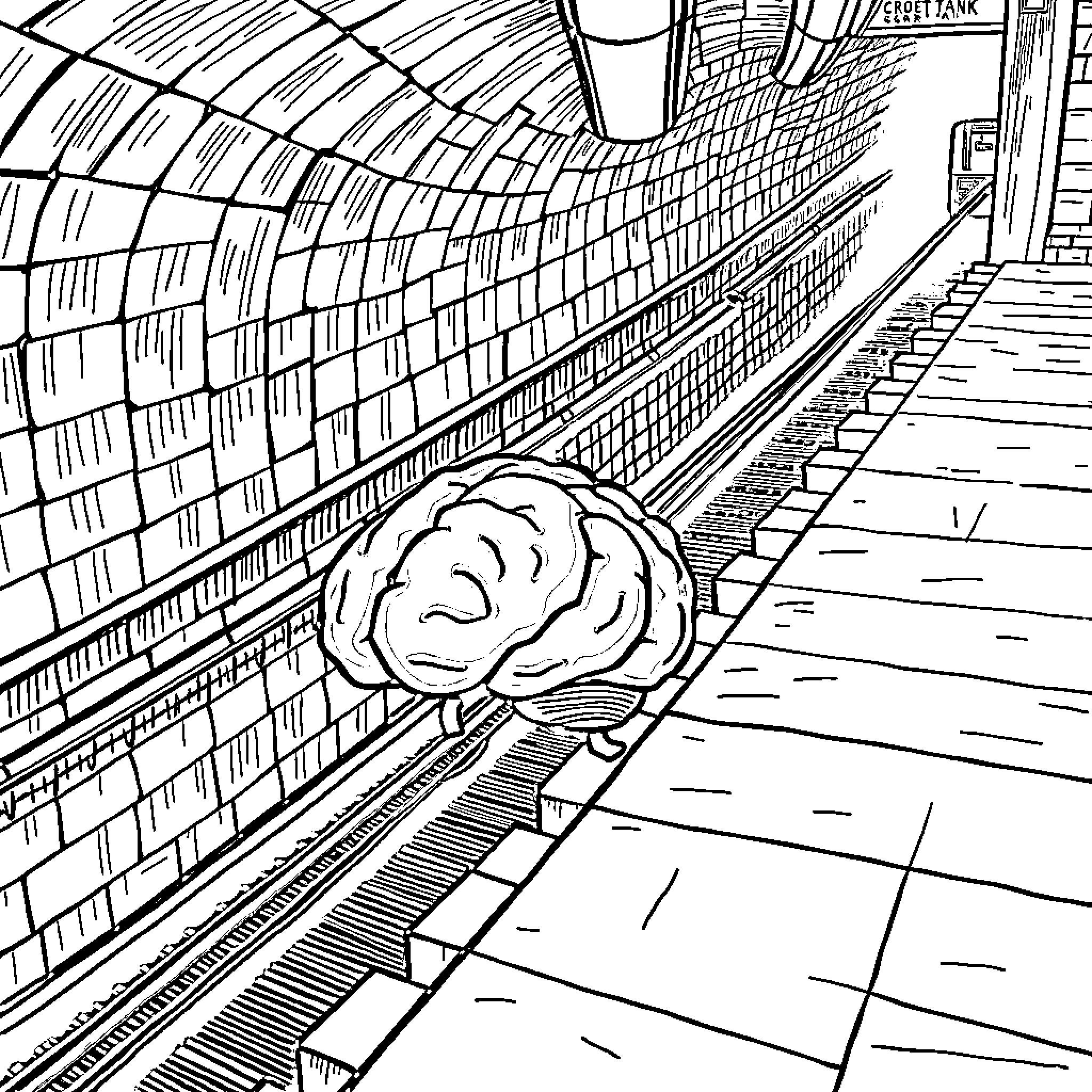 Brain Wandering Through Vast Tunnel Landscape Coloring Page (free black-and-white line drawing printable PDF for all, from beginners to advanced learners, including children, teens, adults, and seniors)