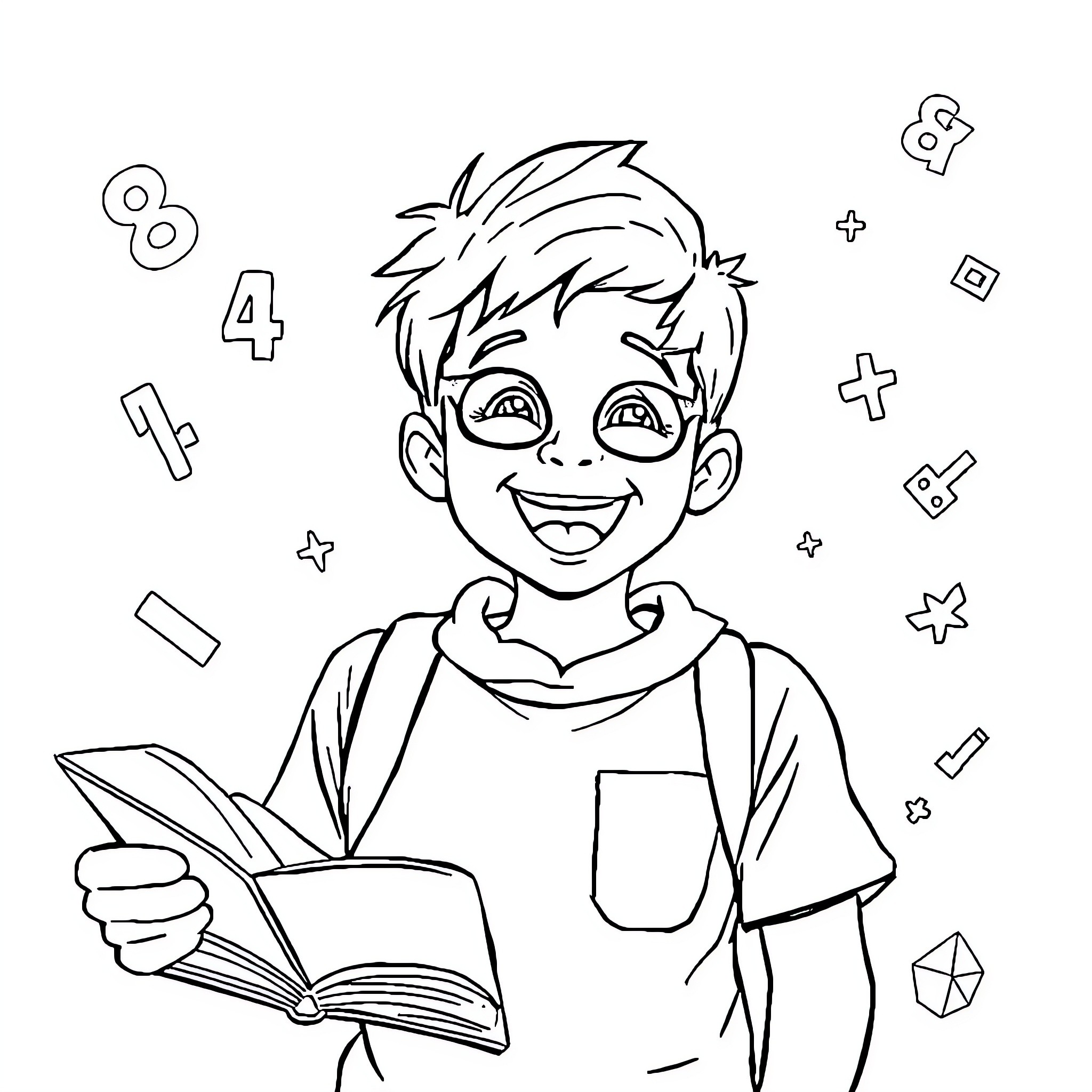 Math Fun with a Cheerful Student Coloring Page (free black-and-white line drawing printable PDF for all, from beginners to advanced learners, including children, teens, adults, and seniors)