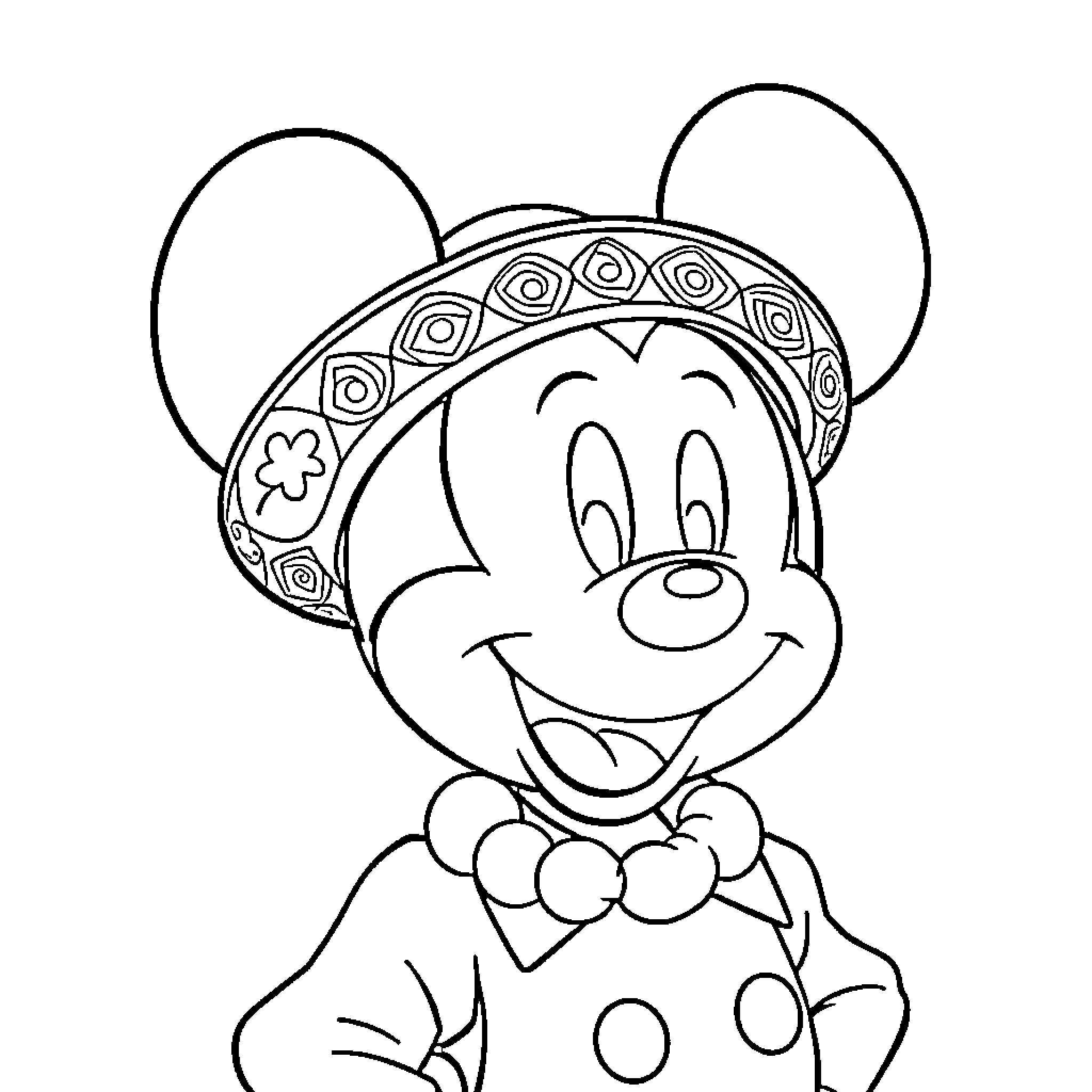 Mickey Mouse in Happy Polka Dot Outfit Coloring Page (free black-and-white line drawing printable PDF for all, from beginners to advanced learners, including children, teens, adults, and seniors)