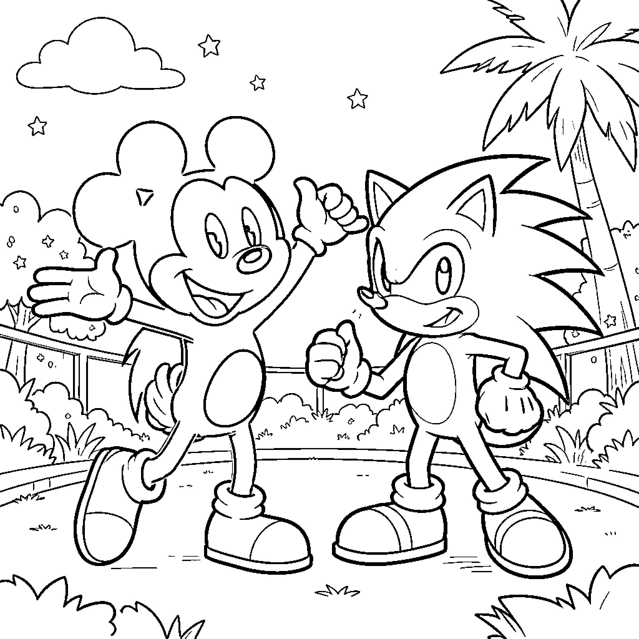 Mickey and Sonic walking together and smiling Coloring Page (free black-and-white line drawing printable PDF for all, from beginners to advanced learners, including children, teens, adults, and seniors)