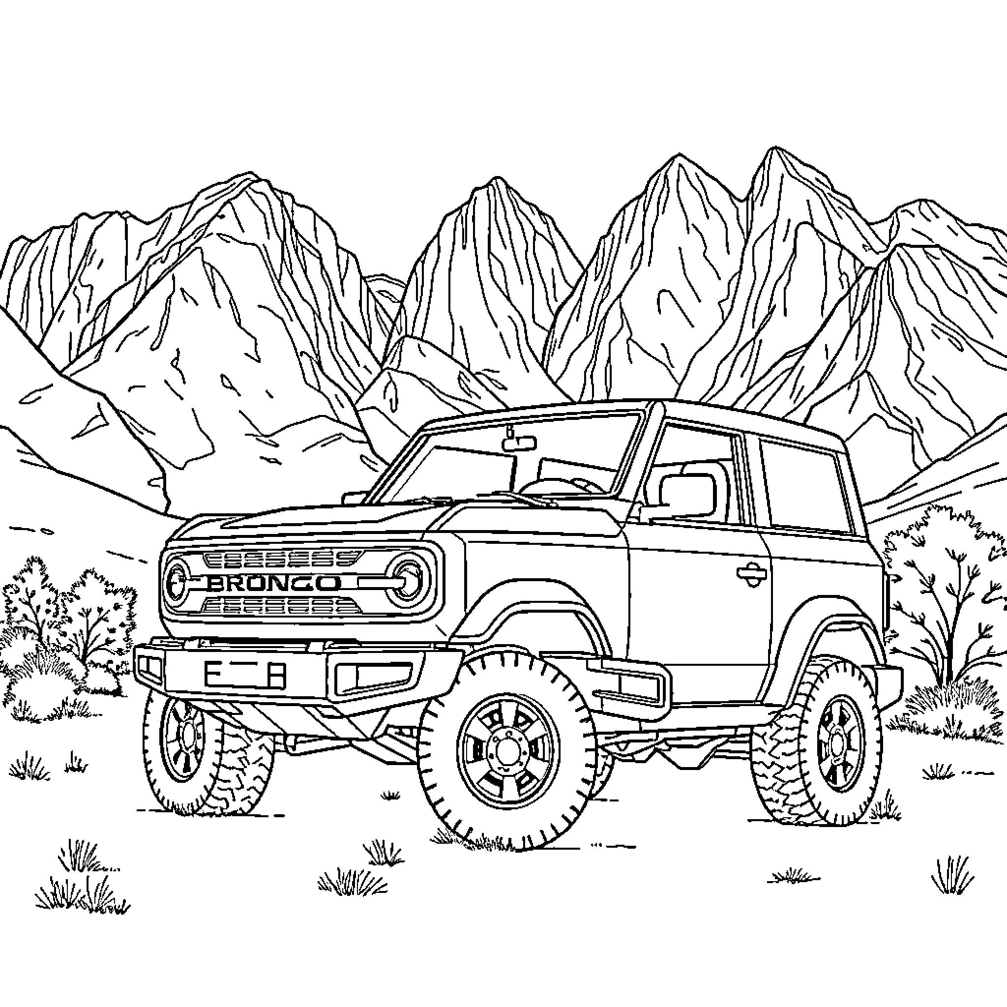 Ford Bronco in rugged mountain landscape Coloring Page (free black-and-white line drawing printable PDF for all, from beginners to advanced learners, including children, teens, adults, and seniors)