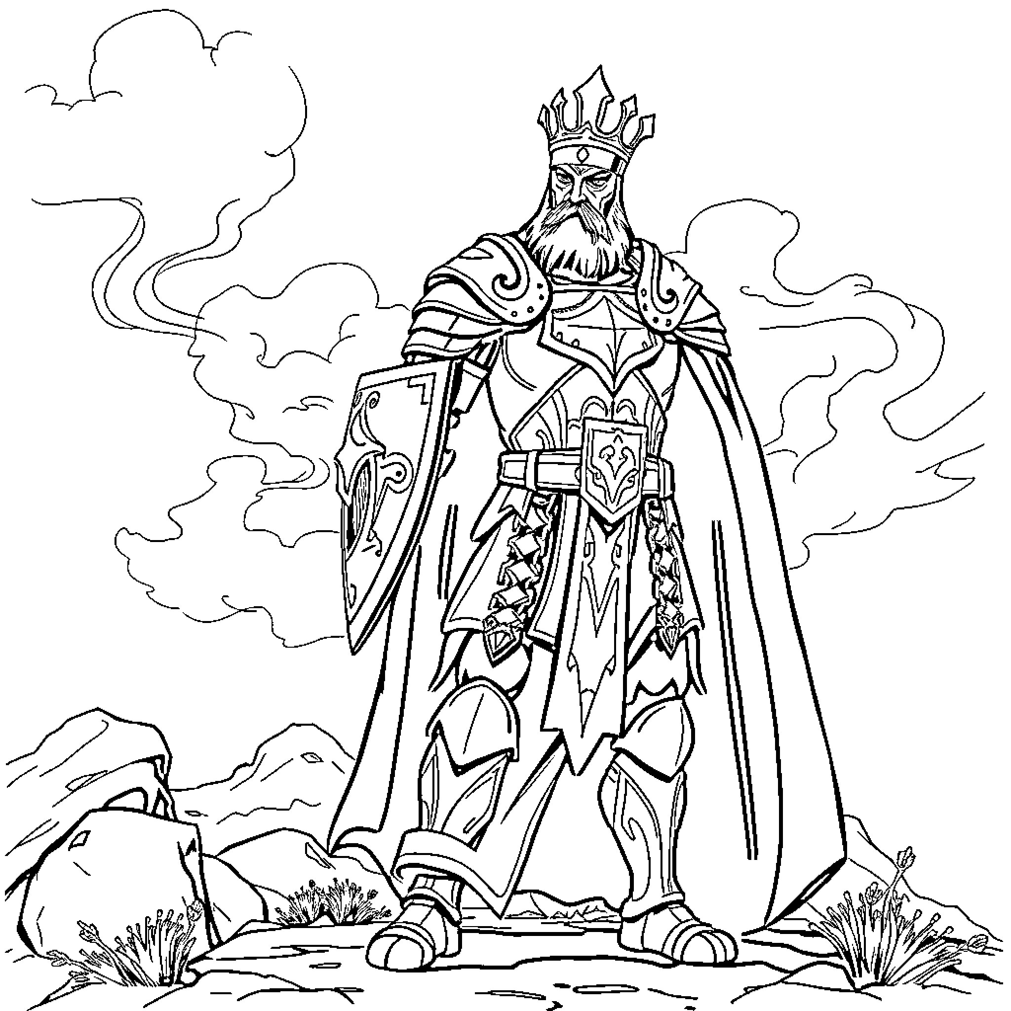 Momčilo, the Majestic Ruler in Ornate Attire Coloring Page (free black-and-white line drawing printable PDF for all, from beginners to advanced learners, including children, teens, adults, and seniors)