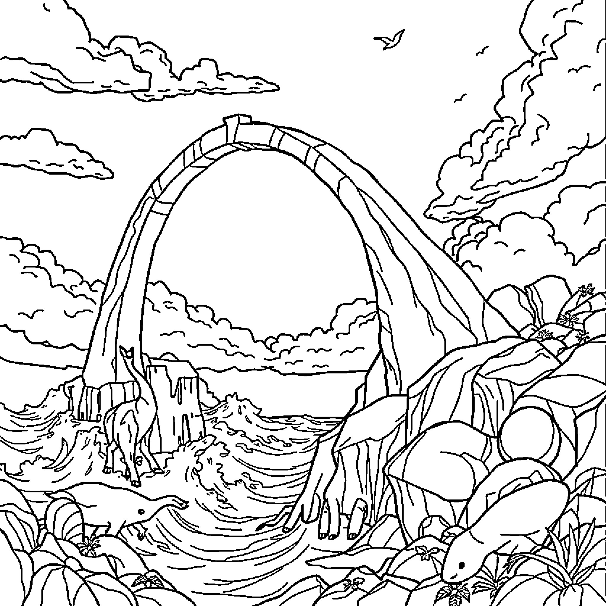 Noah's Ark Crossing the Stormy Sea Coloring Page (free black-and-white line drawing printable PDF for all, from beginners to advanced learners, including children, teens, adults, and seniors)