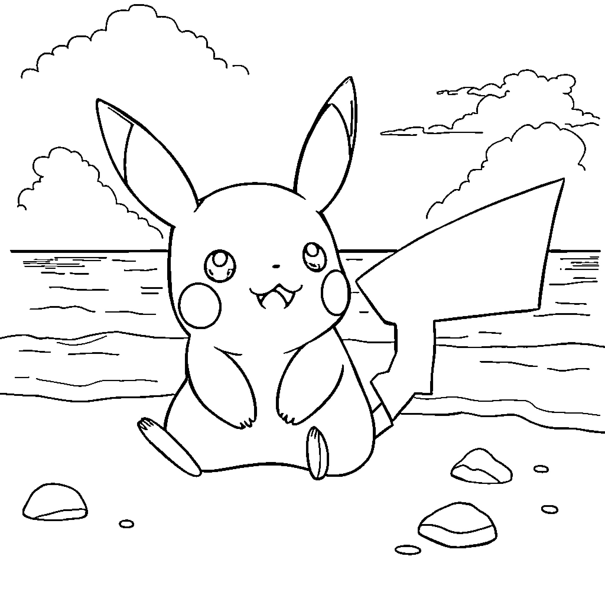 Pikachu enjoying a day at the beach Coloring Page (free black-and-white line drawing printable PDF for all, from beginners to advanced learners, including children, teens, adults, and seniors)