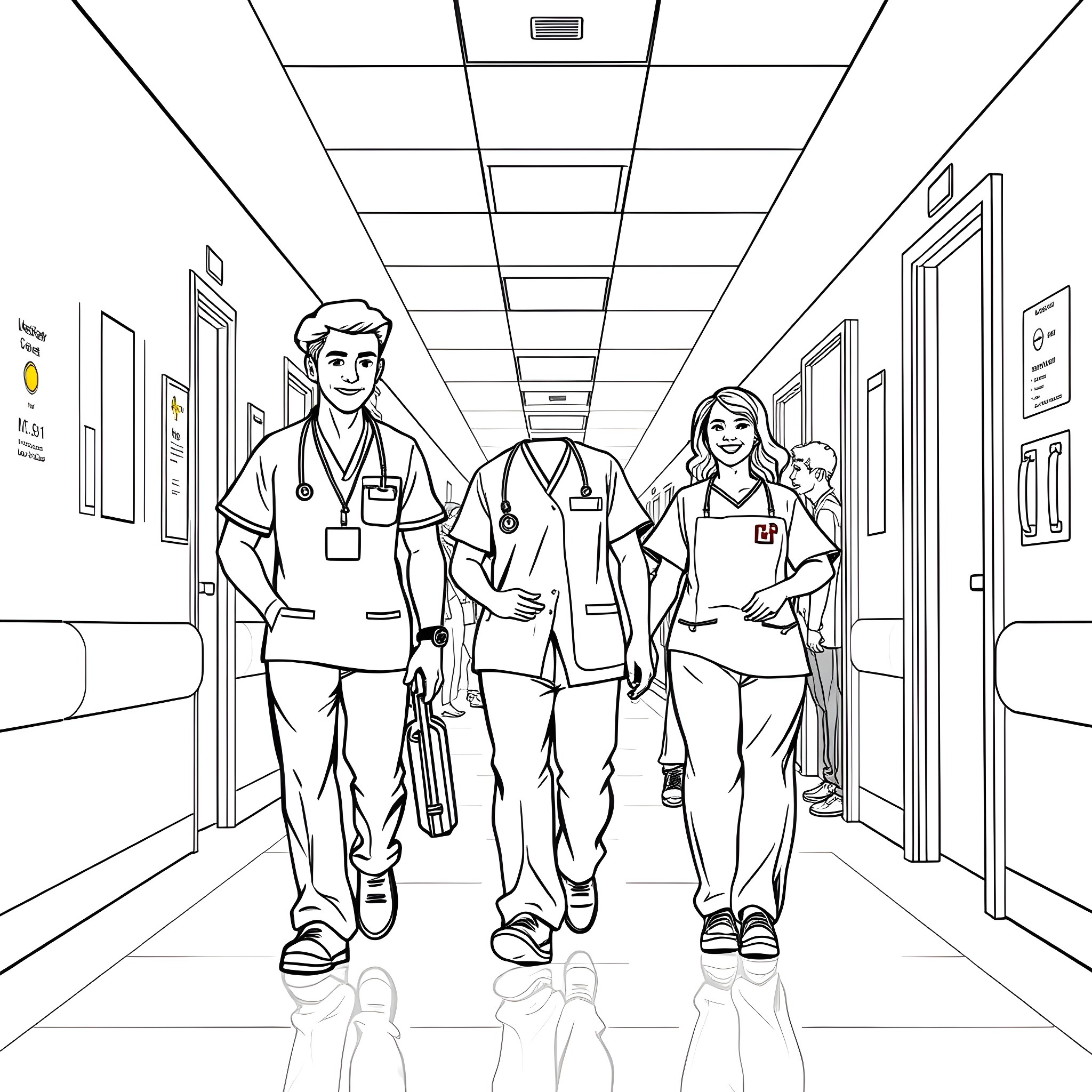 Safety in the Hospital Hallway Coloring Page (free black-and-white line drawing printable PDF for all, from beginners to advanced learners, including children, teens, adults, and seniors)