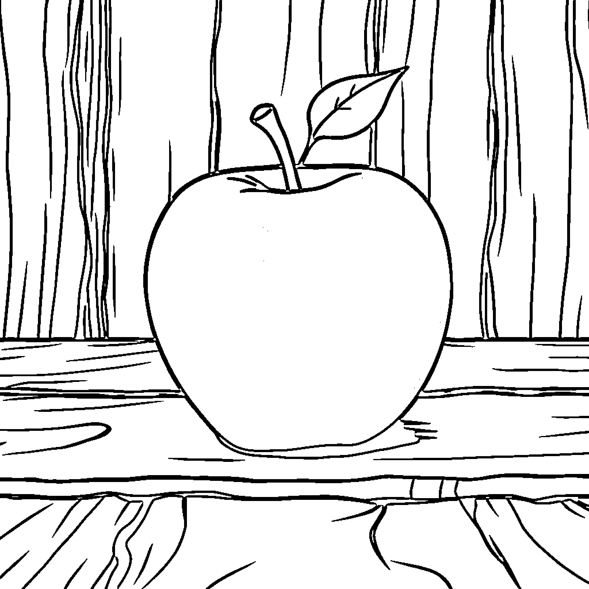 Apple on a wooden table Coloring Page (free black-and-white line drawing printable PDF for all, from beginners to advanced learners, including children, teens, adults, and seniors)