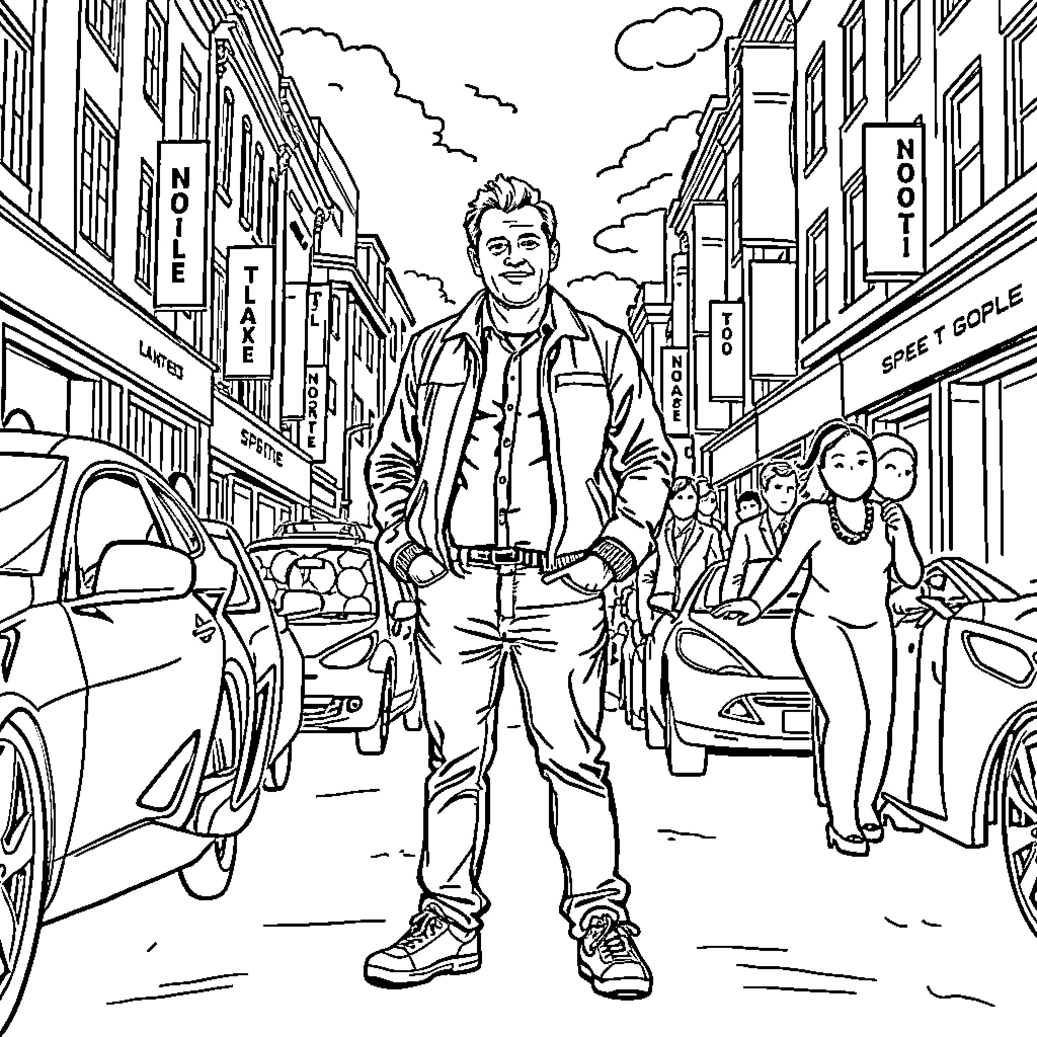 John Nolan walking confidently through the city streets Coloring Page (free black-and-white line drawing printable PDF for all, from beginners to advanced learners, including children, teens, adults, and seniors)