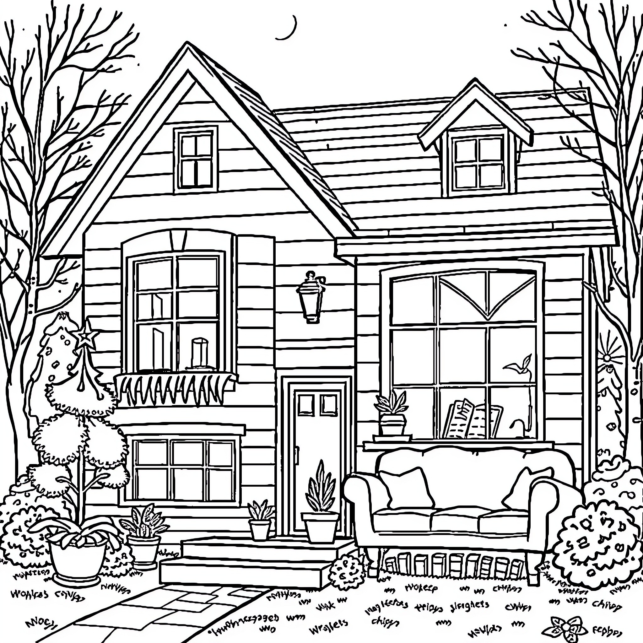 Home with Cozy Outdoor Porch and Greenery Coloring Page (free black-and-white line drawing printable PDF for all, from beginners to advanced learners, including children, teens, adults, and seniors)