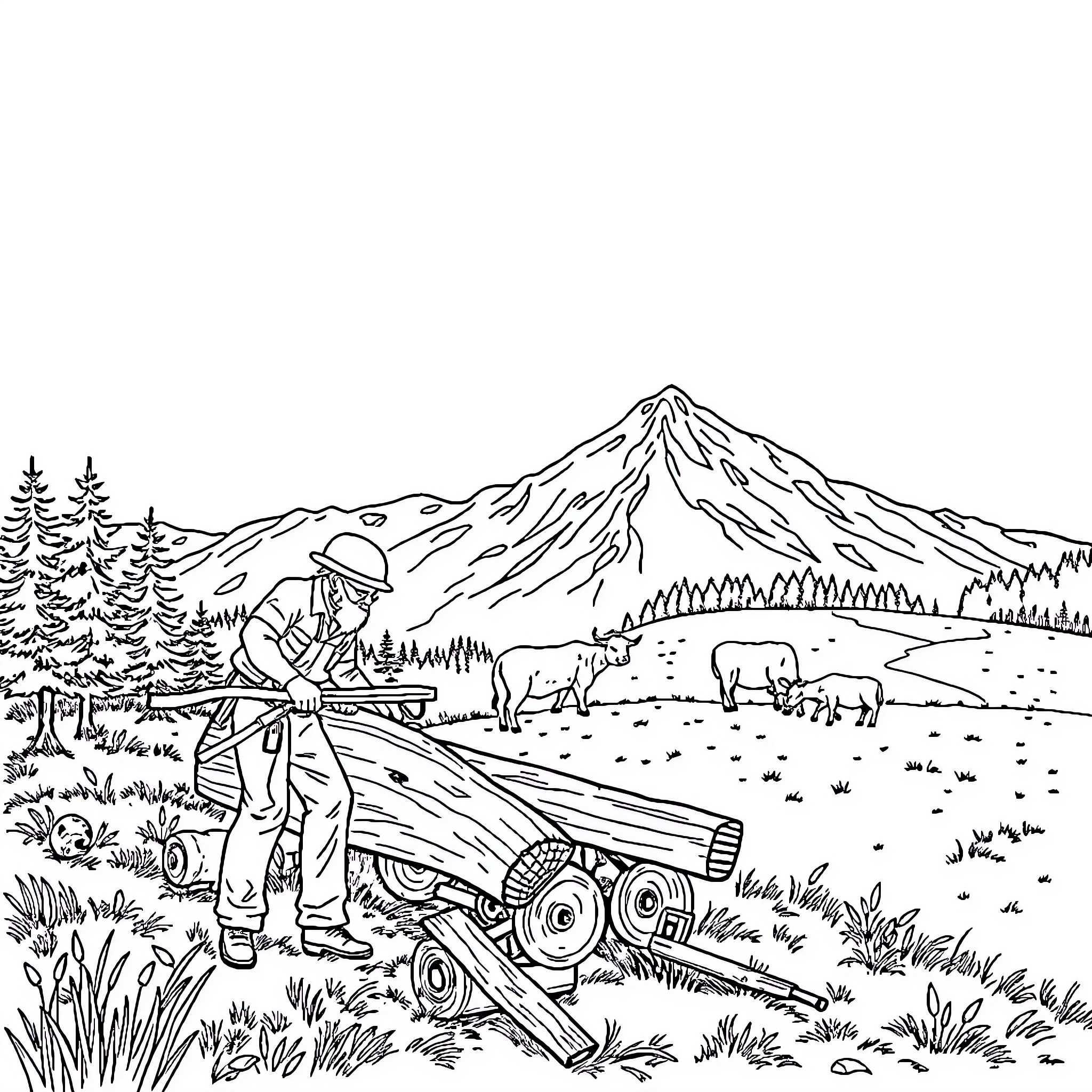 Mountain Landscape with Person Operating Farming Equipment Coloring Page (free black-and-white line drawing printable PDF for all, from beginners to advanced learners, including children, teens, adults, and seniors)