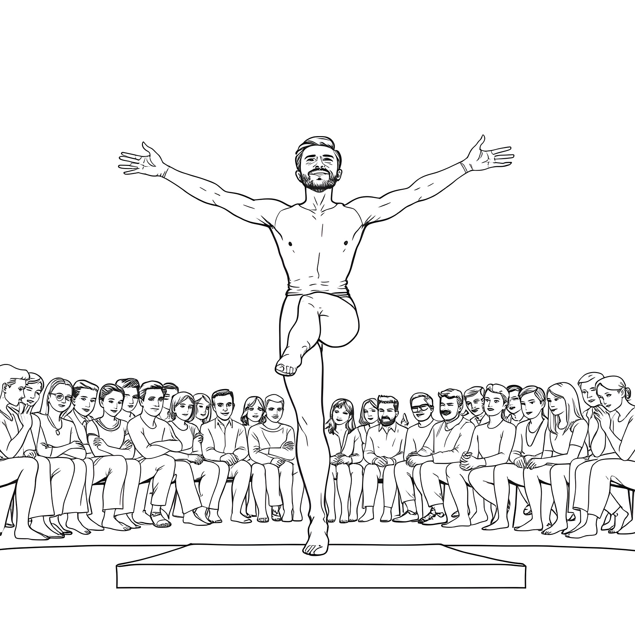 Gymnast performing acrobatics before an audience Coloring Page (free black-and-white line drawing printable PDF for all, from beginners to advanced learners, including children, teens, adults, and seniors)