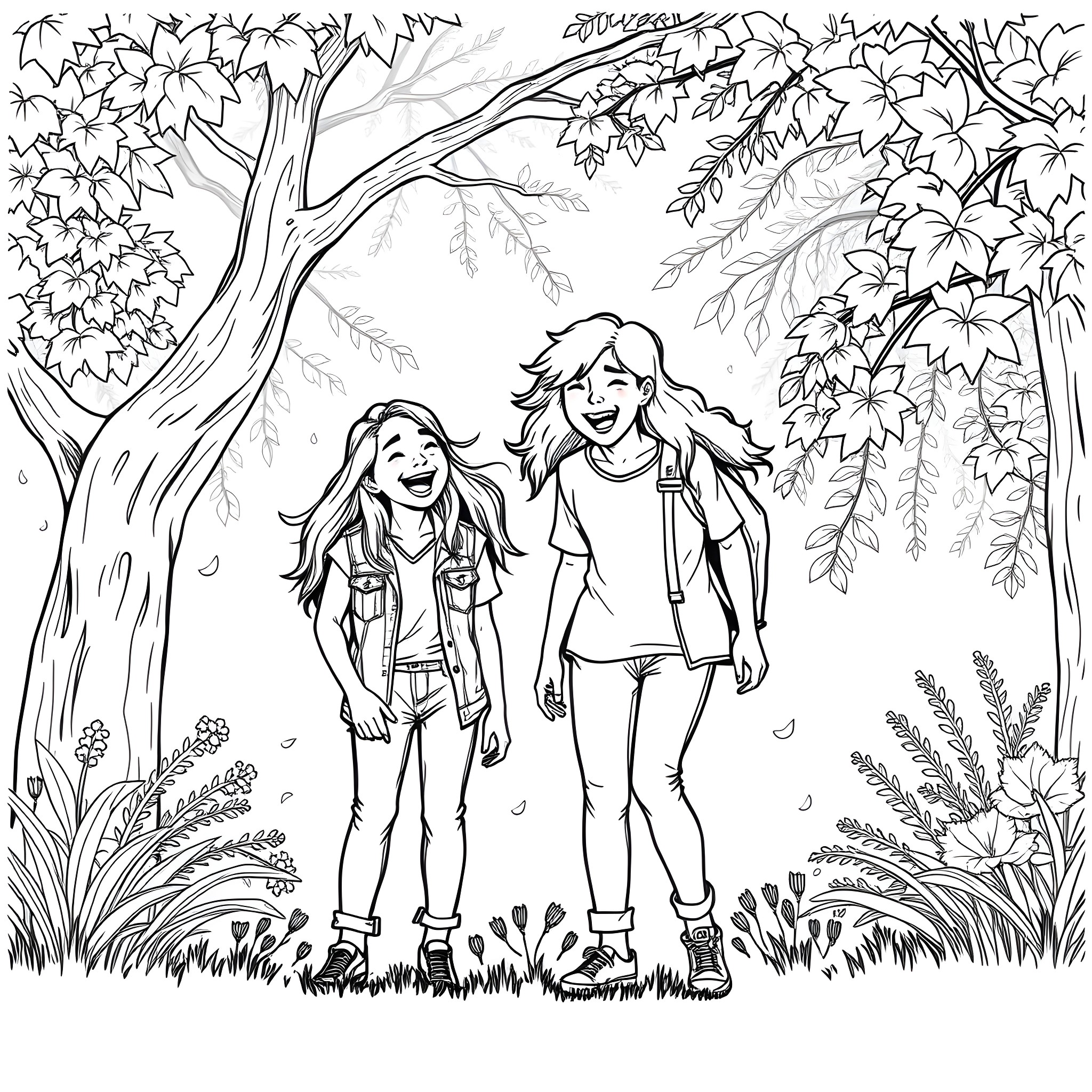 Teen girls enjoying a nature walk together Coloring Page (free black-and-white line drawing printable PDF for all, from beginners to advanced learners, including children, teens, adults, and seniors)