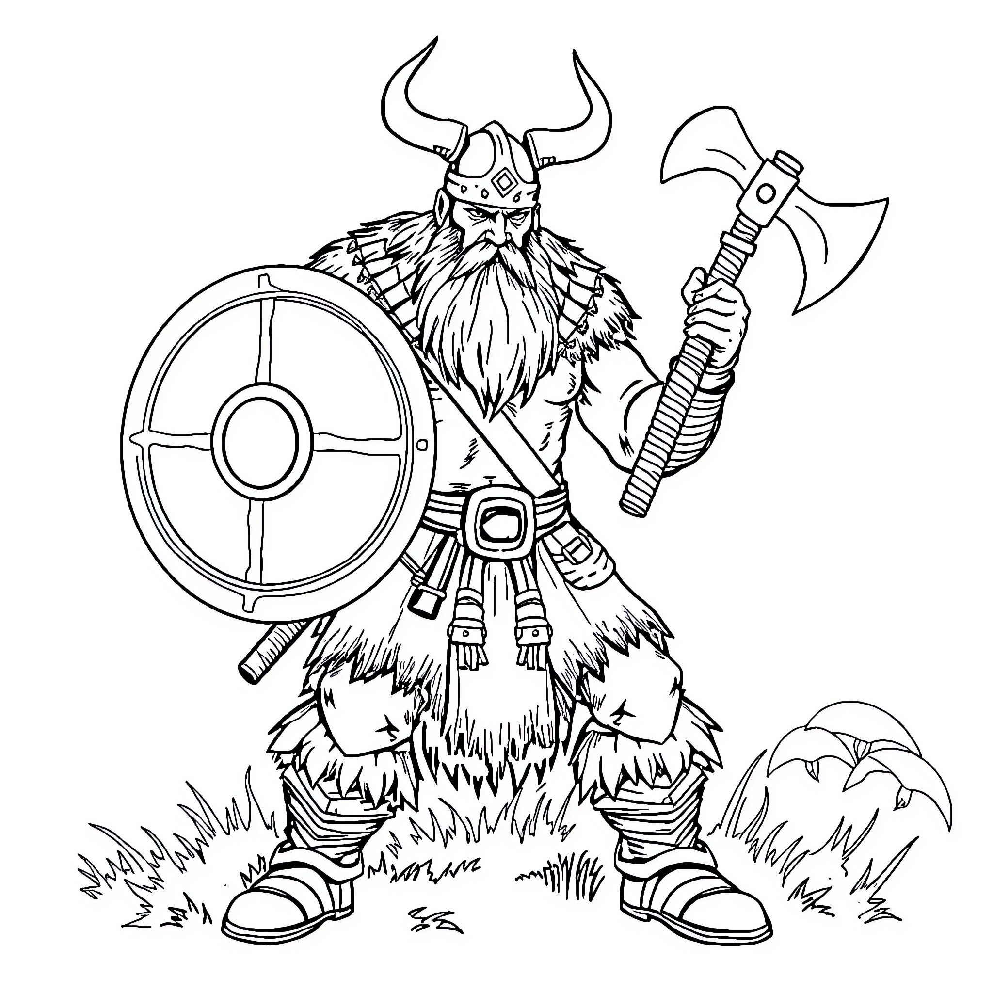 Viking warrior in battle-ready attire with shield and axe Coloring Page (free black-and-white line drawing printable PDF for all, from beginners to advanced learners, including children, teens, adults, and seniors)