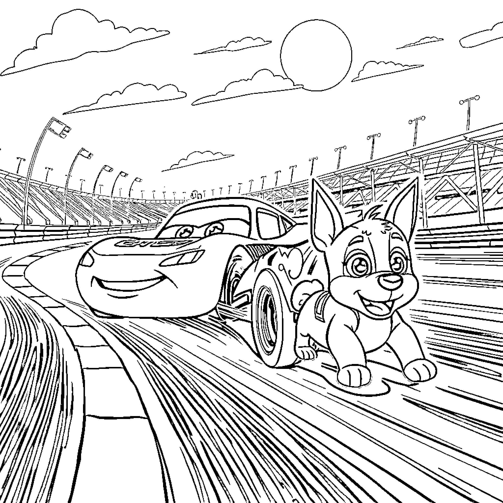 Lightning McQueen races with a puppy on the track Coloring Page (free black-and-white line drawing printable PDF for all, from beginners to advanced learners, including children, teens, adults, and seniors)