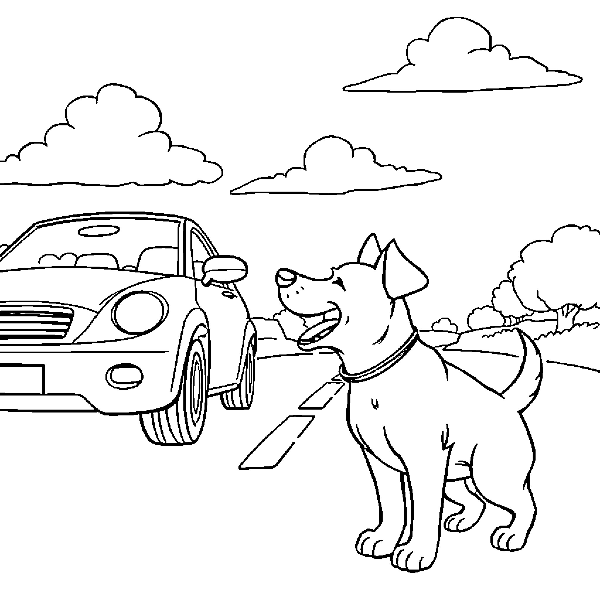 Dog waits patiently as car drives by Coloring Page (free black-and-white line drawing printable PDF for all, from beginners to advanced learners, including children, teens, adults, and seniors)