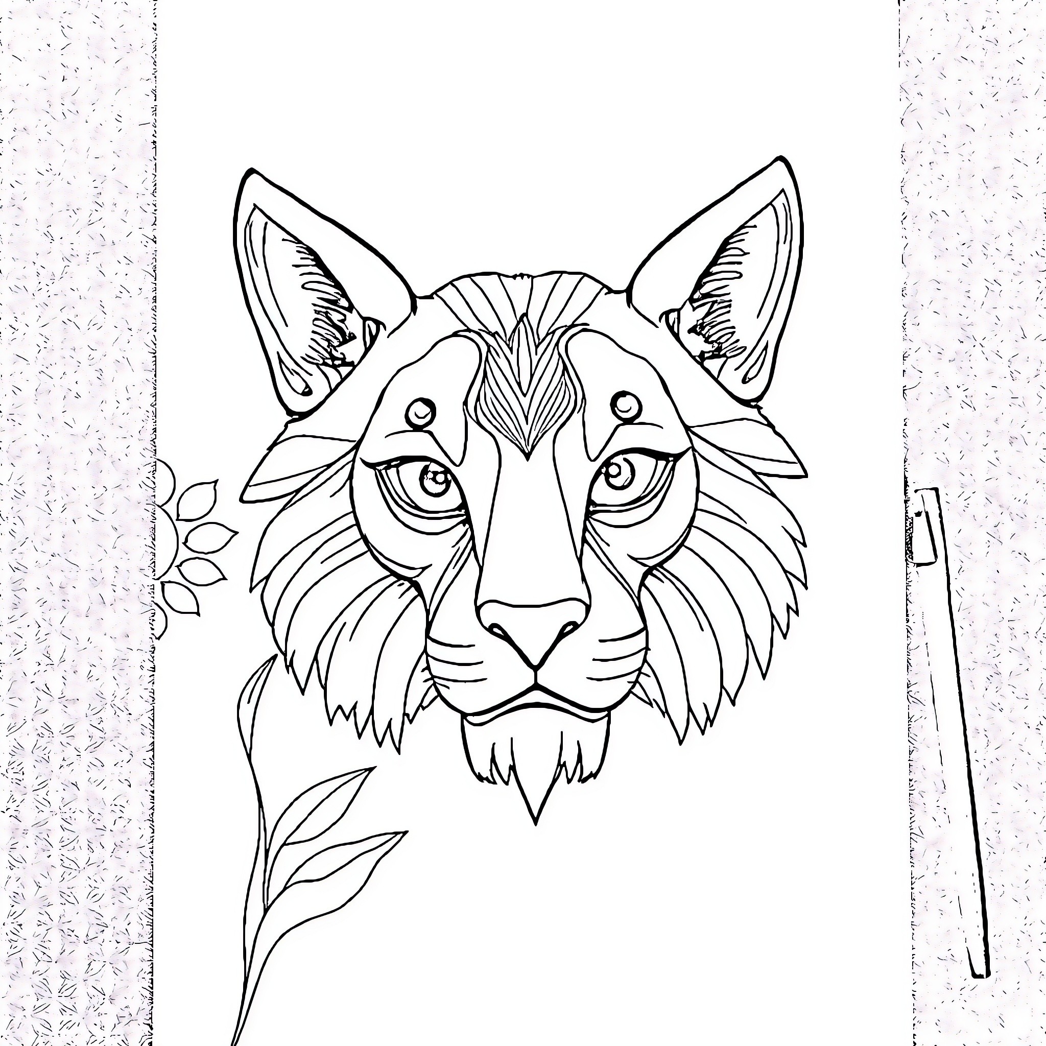 Drawing of an intricate cat face with decorative elements Coloring Page (free black-and-white line drawing printable PDF for all, from beginners to advanced learners, including children, teens, adults, and seniors)