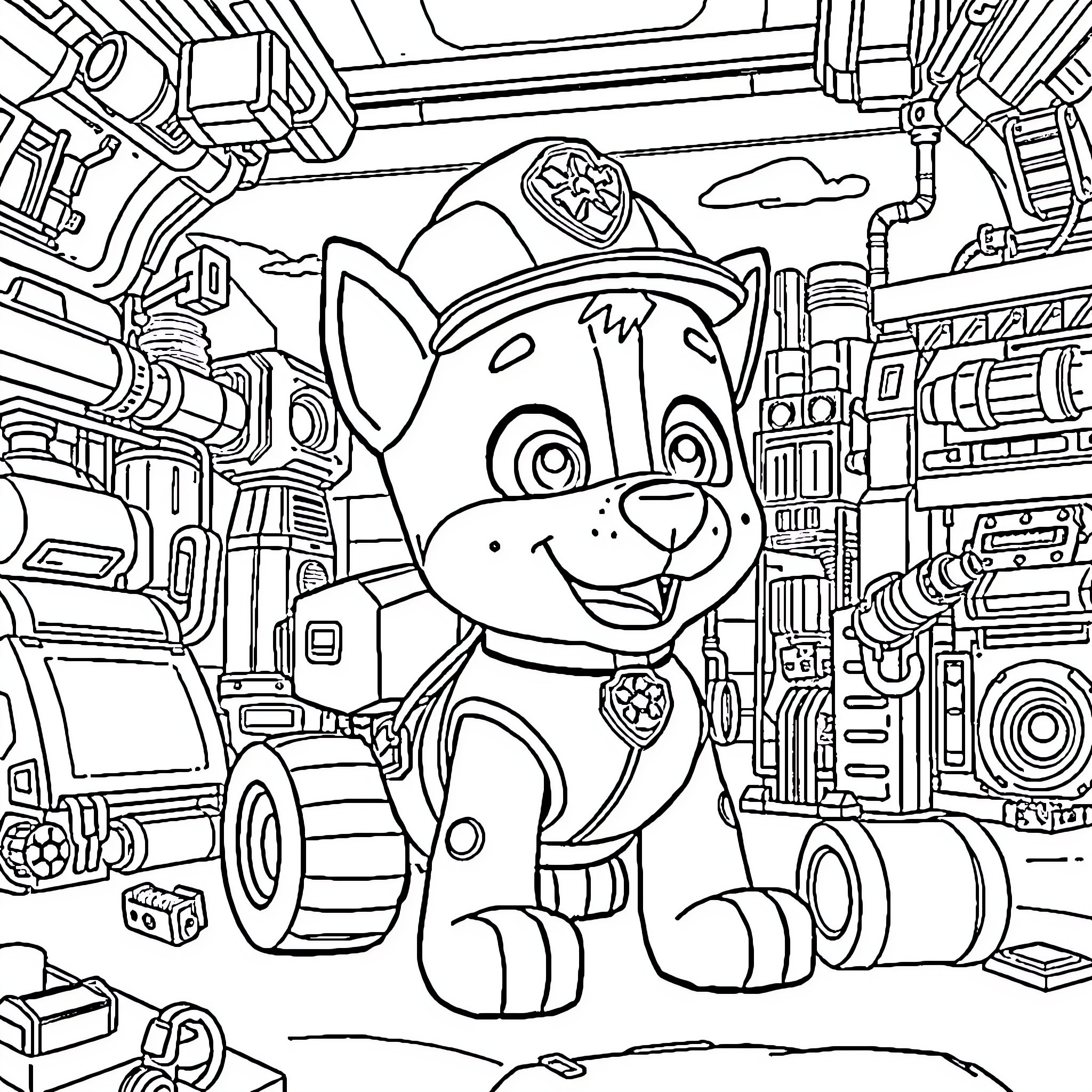 Paw Patrol Pup Explores Futuristic Cityscape Coloring Page (free black-and-white line drawing printable PDF for all, from beginners to advanced learners, including children, teens, adults, and seniors)
