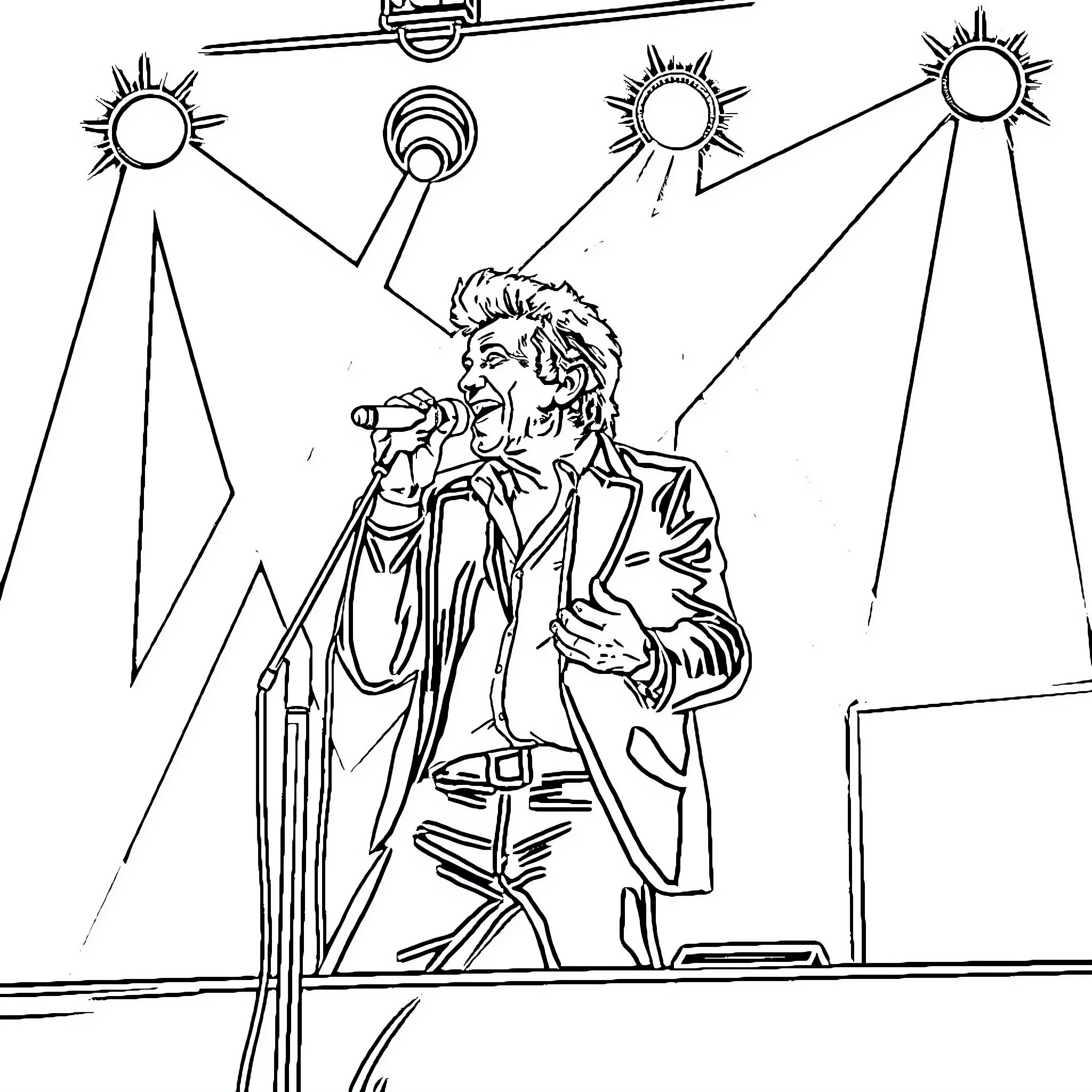 Johnny Hallyday performing energetically on stage Coloring Page (free black-and-white line drawing printable PDF for all, from beginners to advanced learners, including children, teens, adults, and seniors)