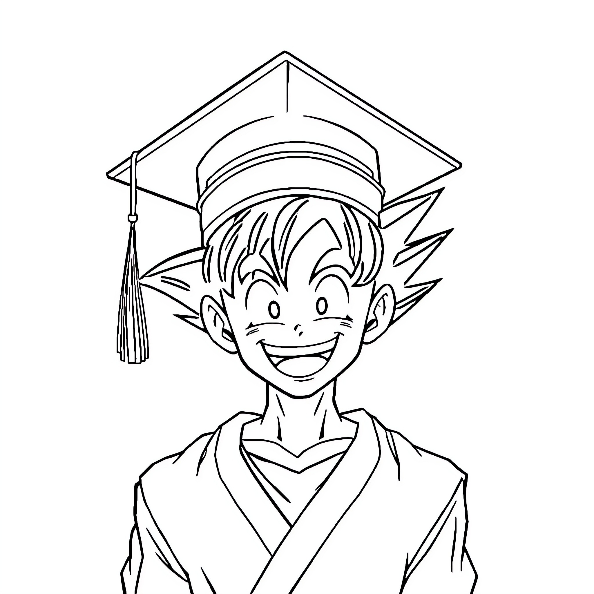 Gohan celebrating graduation in his academic gown Coloring Page (free black-and-white line drawing printable PDF for all, from beginners to advanced learners, including children, teens, adults, and seniors)