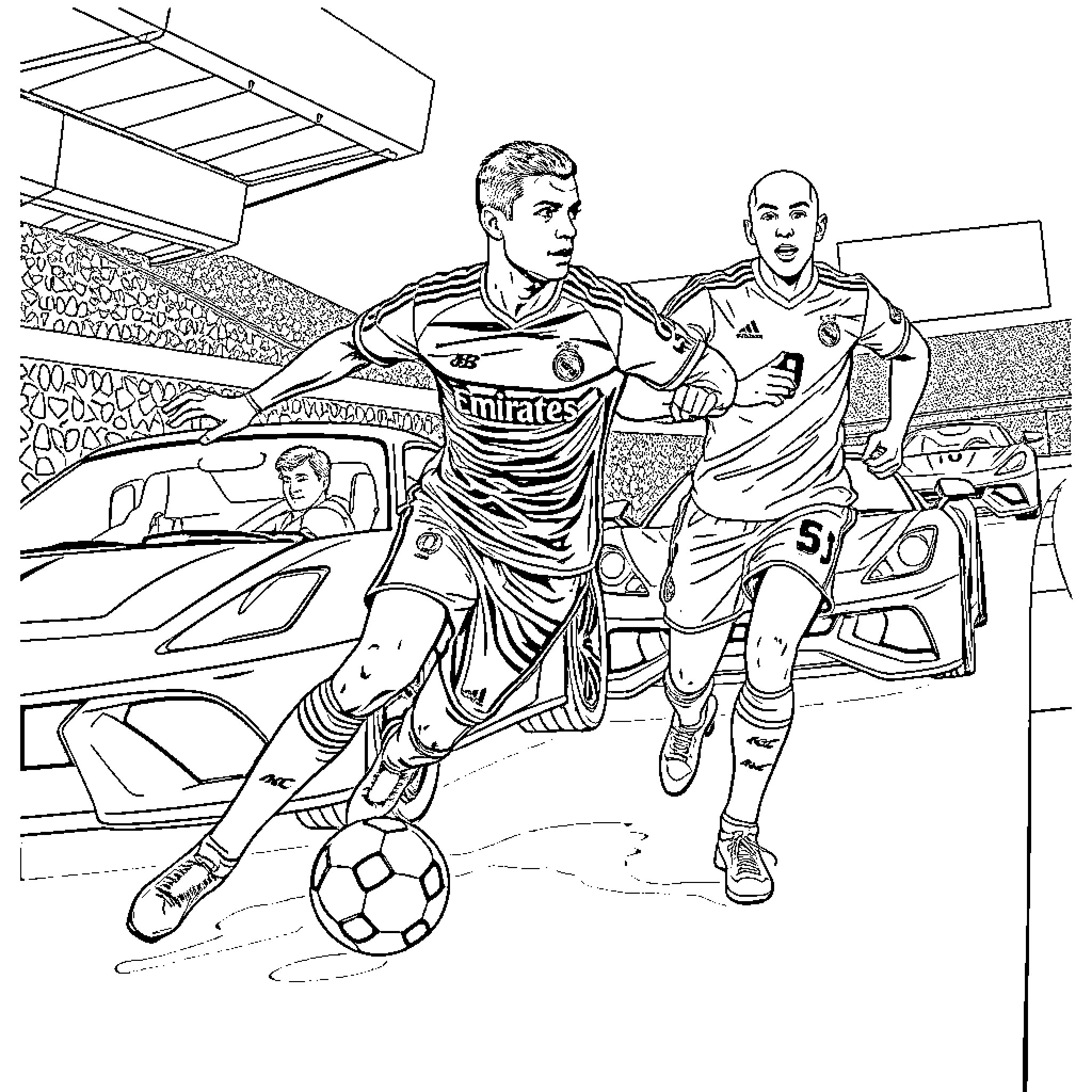 Cristiano Ronaldo and teammates in action on the soccer field Coloring Page (free black-and-white line drawing printable PDF for all, from beginners to advanced learners, including children, teens, adults, and seniors)