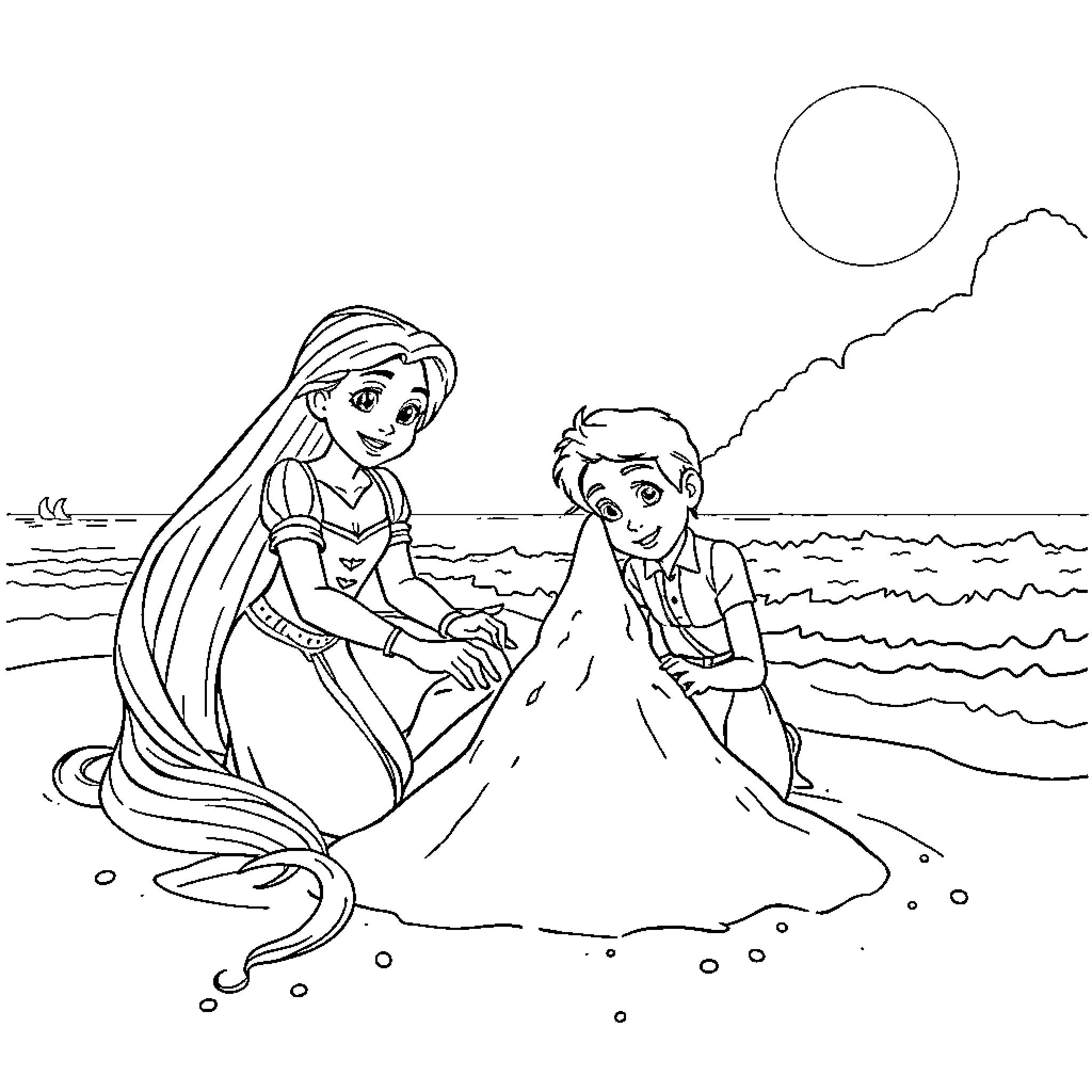 Rapunzel and Flynn enjoying the beach Coloring Page (free black-and-white line drawing printable PDF for all, from beginners to advanced learners, including children, teens, adults, and seniors)