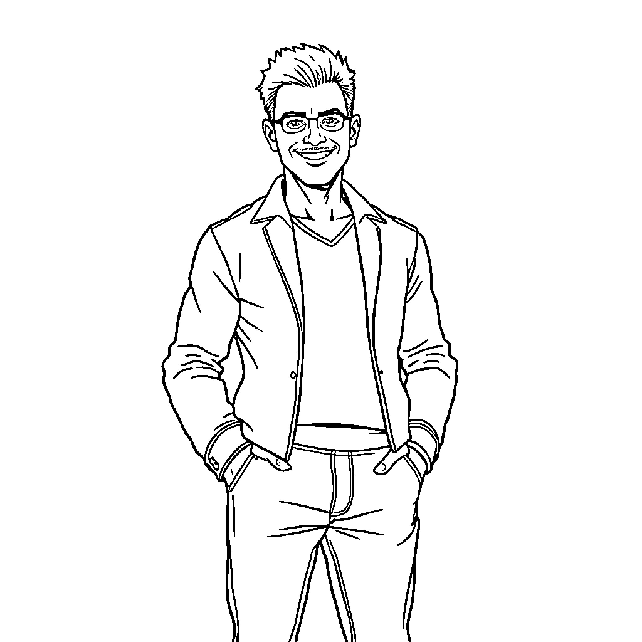 Man smiling confidently in formal attire Coloring Page (free black-and-white line drawing printable PDF for all, from beginners to advanced learners, including children, teens, adults, and seniors)