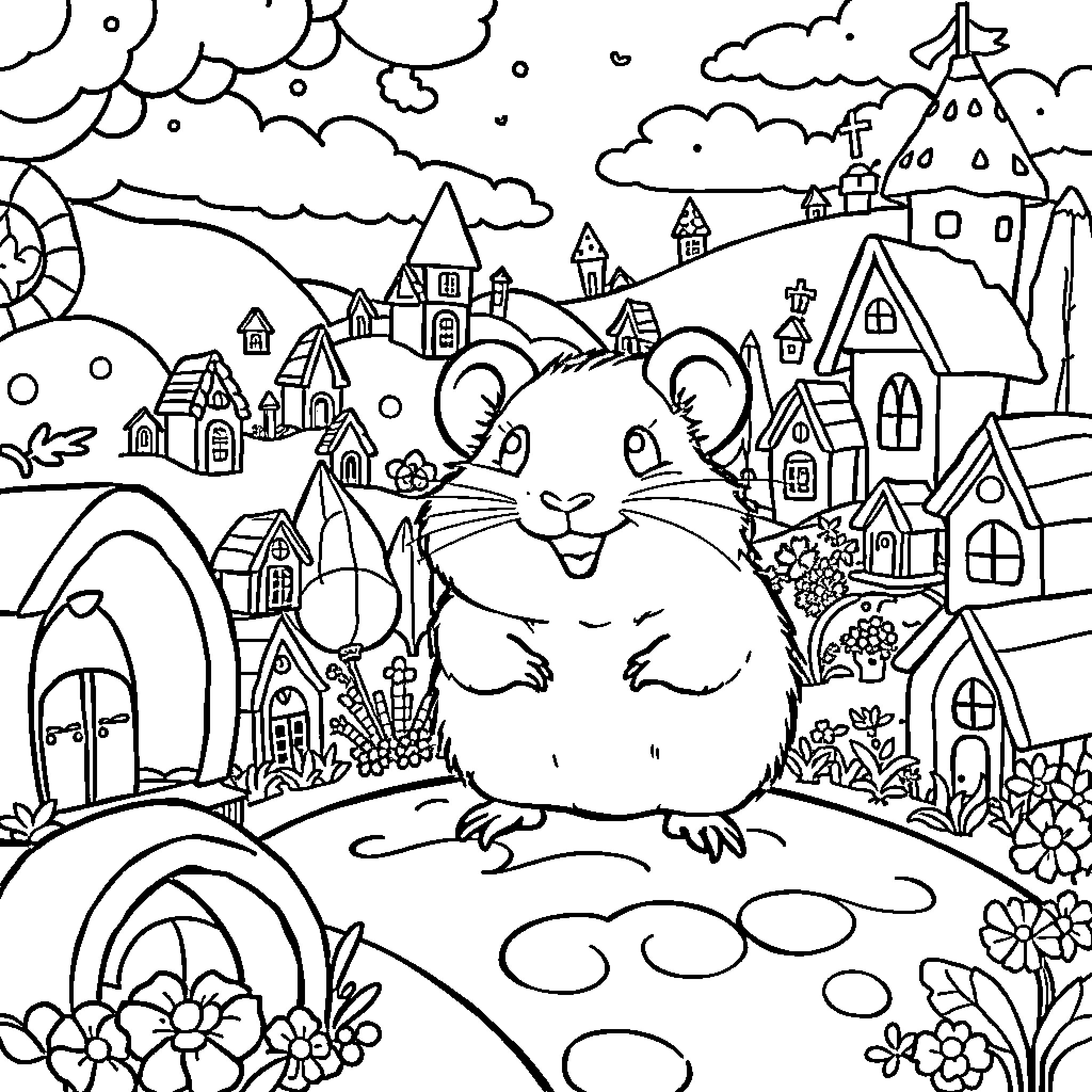 Hamster exploring a whimsical village landscape Coloring Page (free black-and-white line drawing printable PDF for all, from beginners to advanced learners, including children, teens, adults, and seniors)