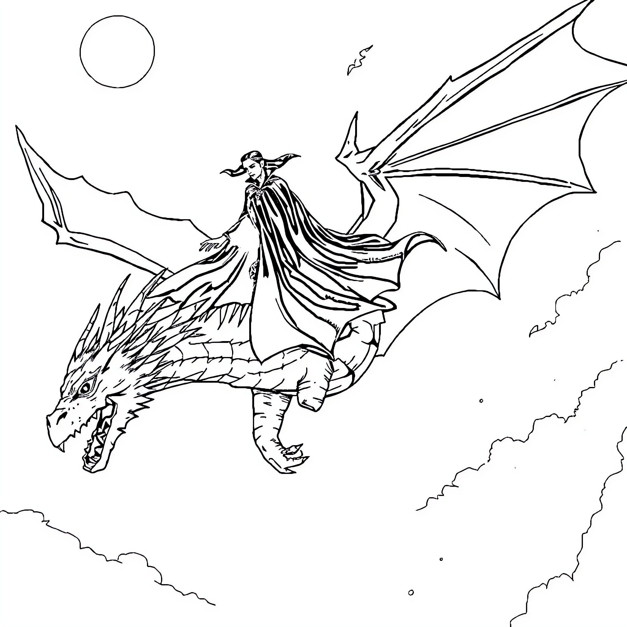 Vampire riding a majestic dragon in the night sky Coloring Page (free black-and-white line drawing printable PDF for all, from beginners to advanced learners, including children, teens, adults, and seniors)