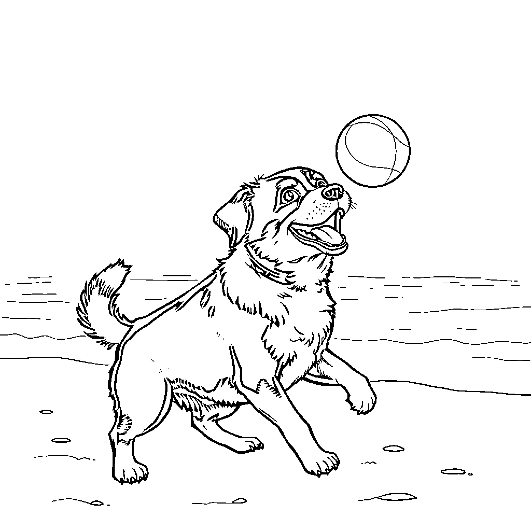 Dog playing fetch with ball on the beach Coloring Page (free black-and-white line drawing printable PDF for all, from beginners to advanced learners, including children, teens, adults, and seniors)