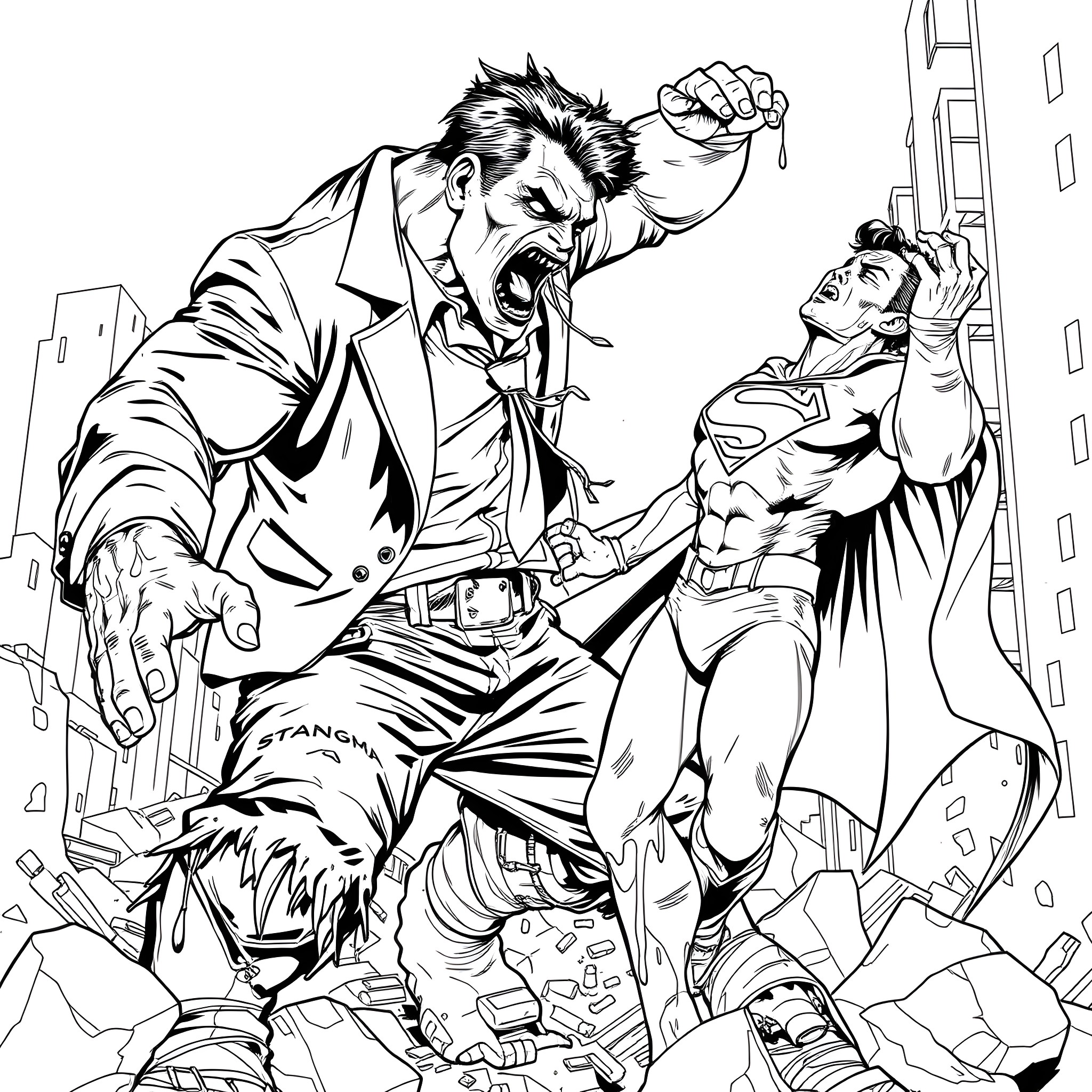 Zombie Hulk battles a muscular superhero in the city Coloring Page (free black-and-white line drawing printable PDF for all, from beginners to advanced learners, including children, teens, adults, and seniors)