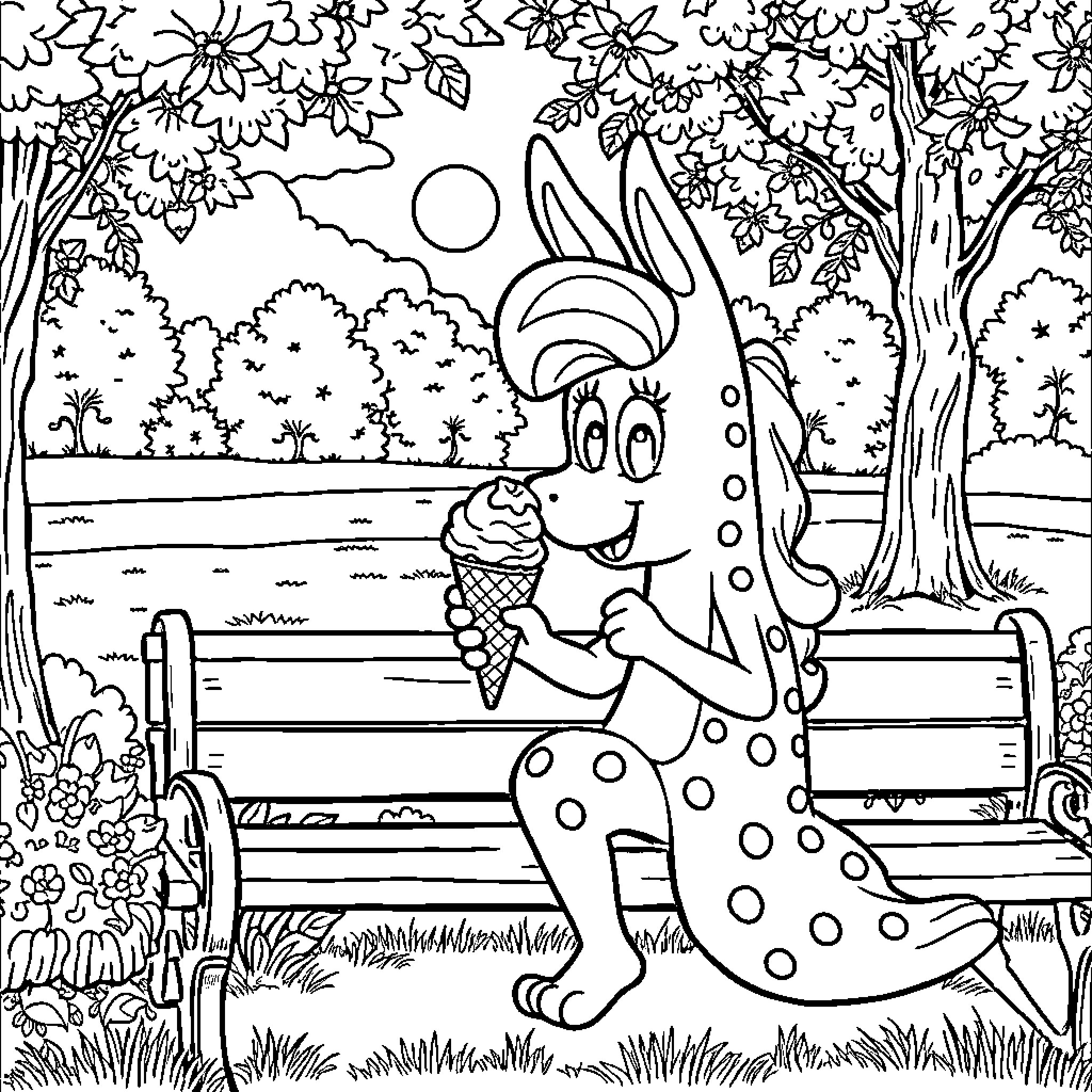 Tralalero Spotted Creature Enjoys Icy Treat on Bench Coloring Page (free black-and-white line drawing printable PDF for all, from beginners to advanced learners, including children, teens, adults, and seniors)