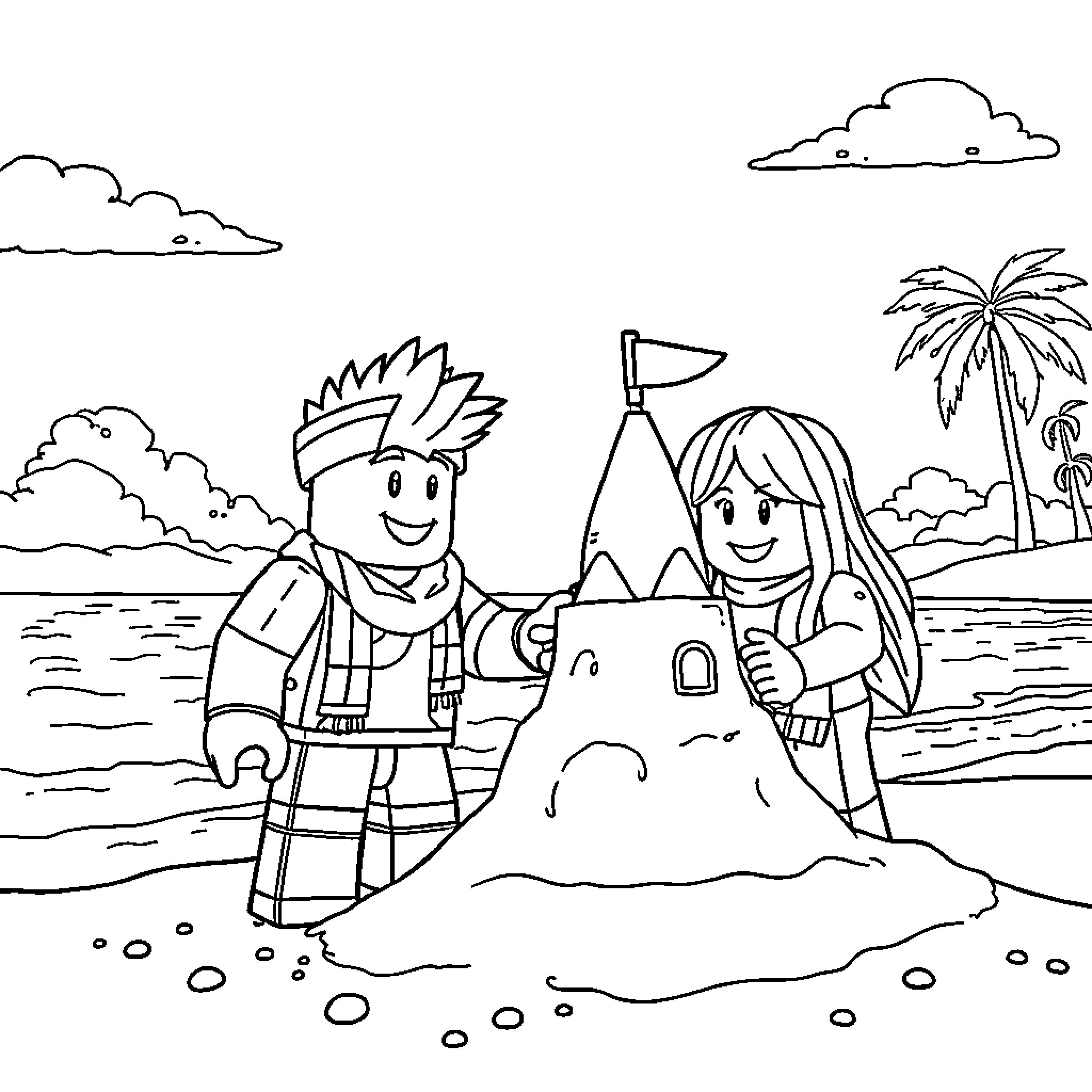 Roblox characters building a sandcastle on the beach Coloring Page (free black-and-white line drawing printable PDF for all, from beginners to advanced learners, including children, teens, adults, and seniors)