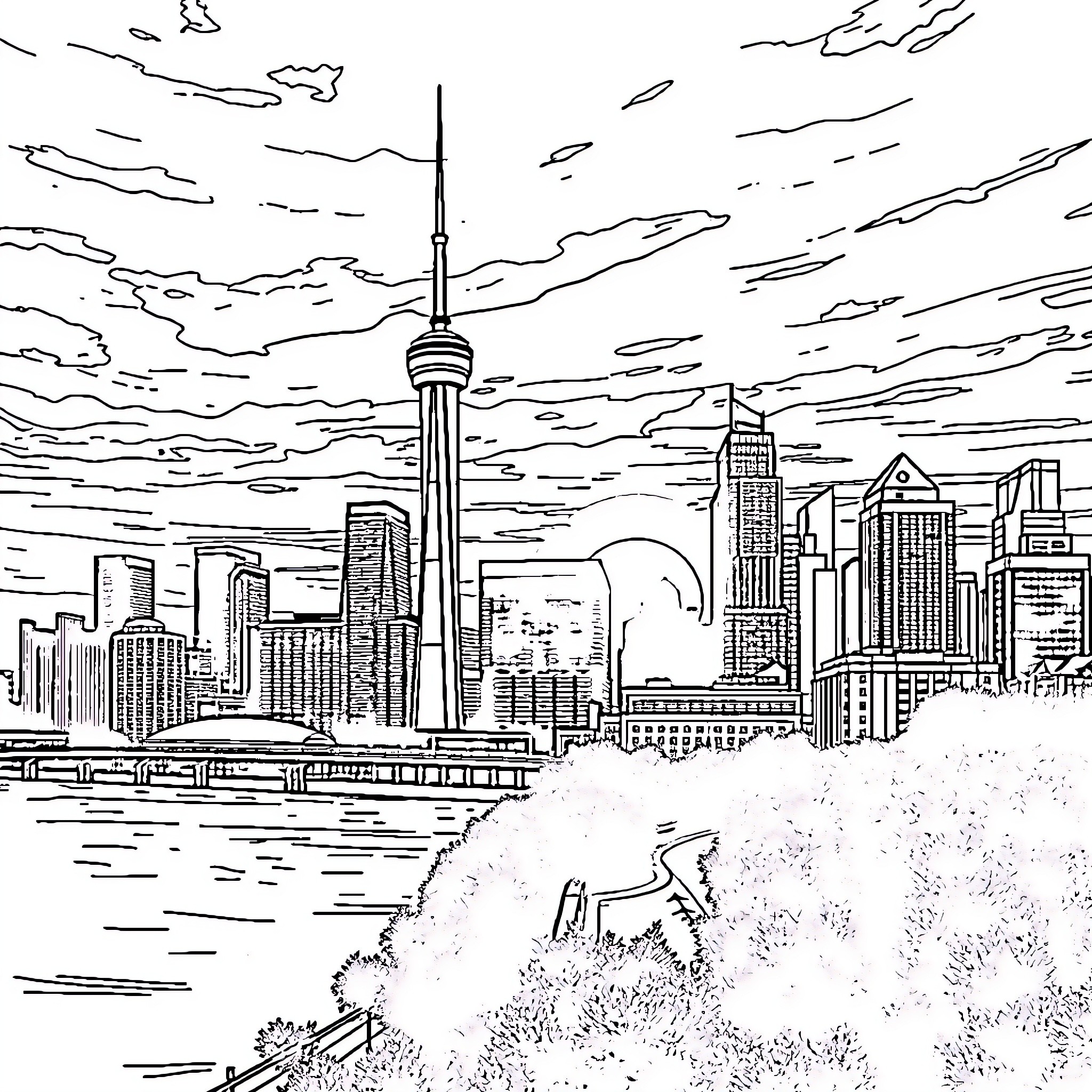 Toronto cityscape with iconic landmark and skyline Coloring Page (free black-and-white line drawing printable PDF for all, from beginners to advanced learners, including children, teens, adults, and seniors)