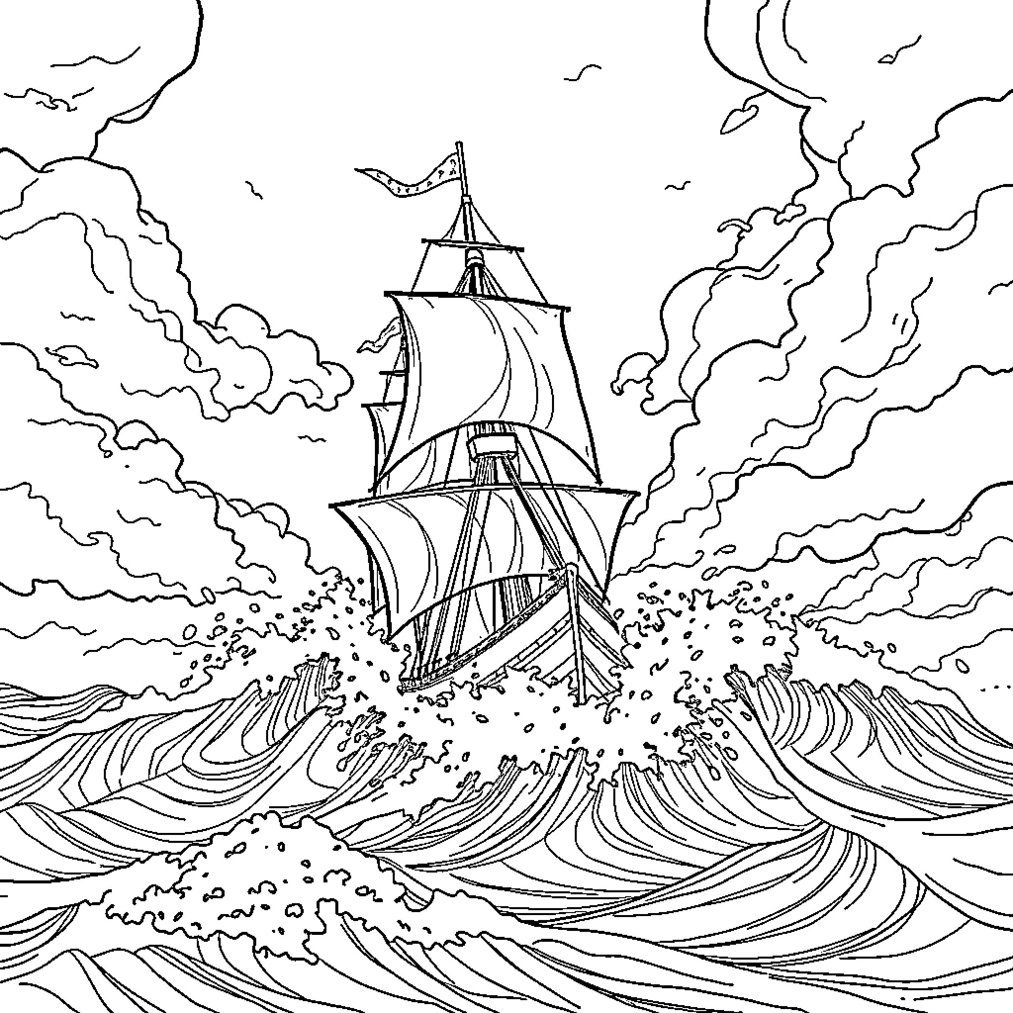 Sailing Ship Navigating Rough Seas with Stormy Clouds Coloring Page (free black-and-white line drawing printable PDF for all, from beginners to advanced learners, including children, teens, adults, and seniors)