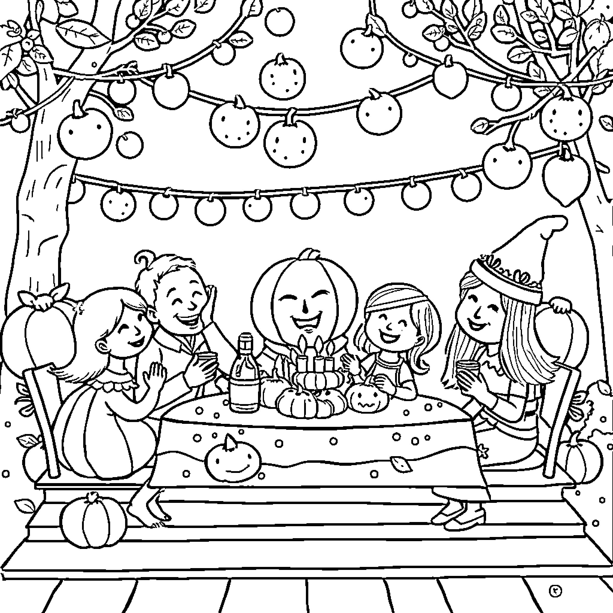 Pumpkin patch party with friends enjoying the harvest Coloring Page (free black-and-white line drawing printable PDF for all, from beginners to advanced learners, including children, teens, adults, and seniors)