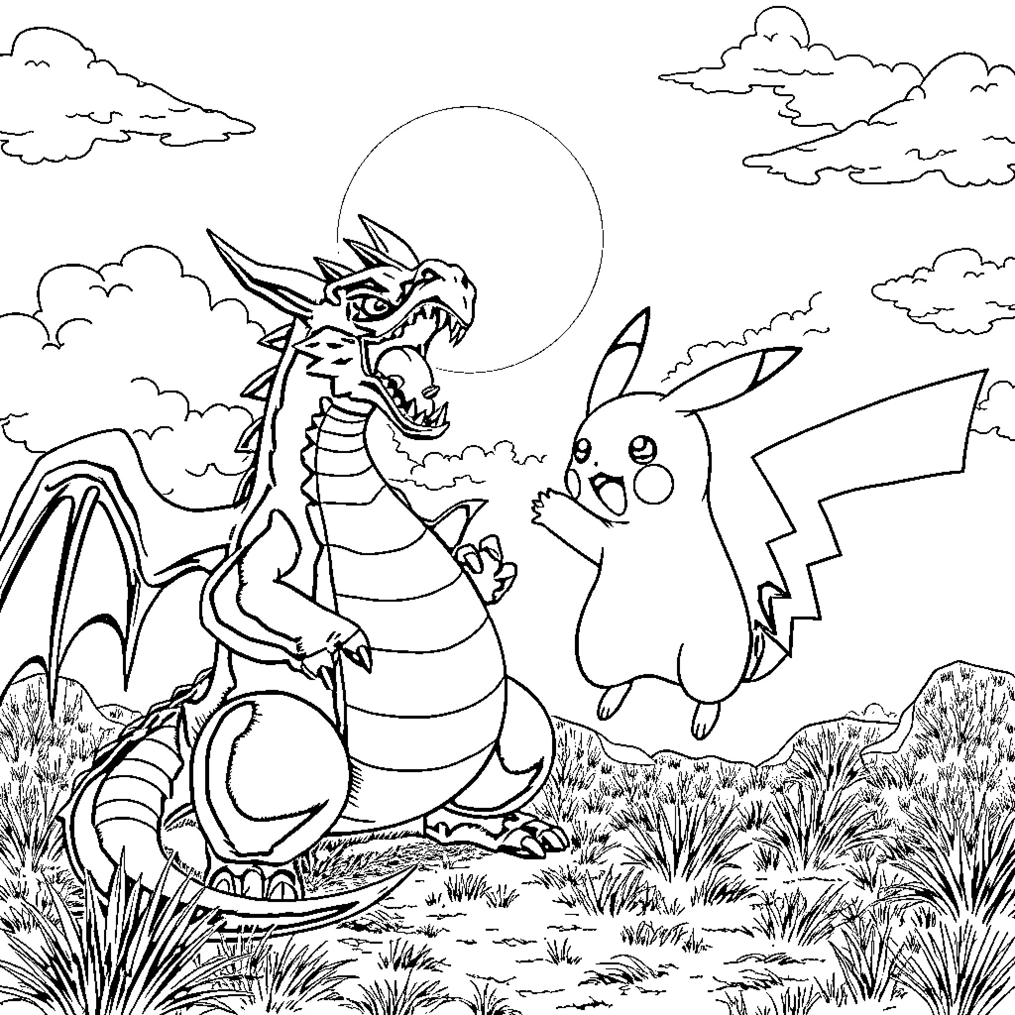 Pikachu happily greeting a large dragon in a field Coloring Page (free black-and-white line drawing printable PDF for all, from beginners to advanced learners, including children, teens, adults, and seniors)