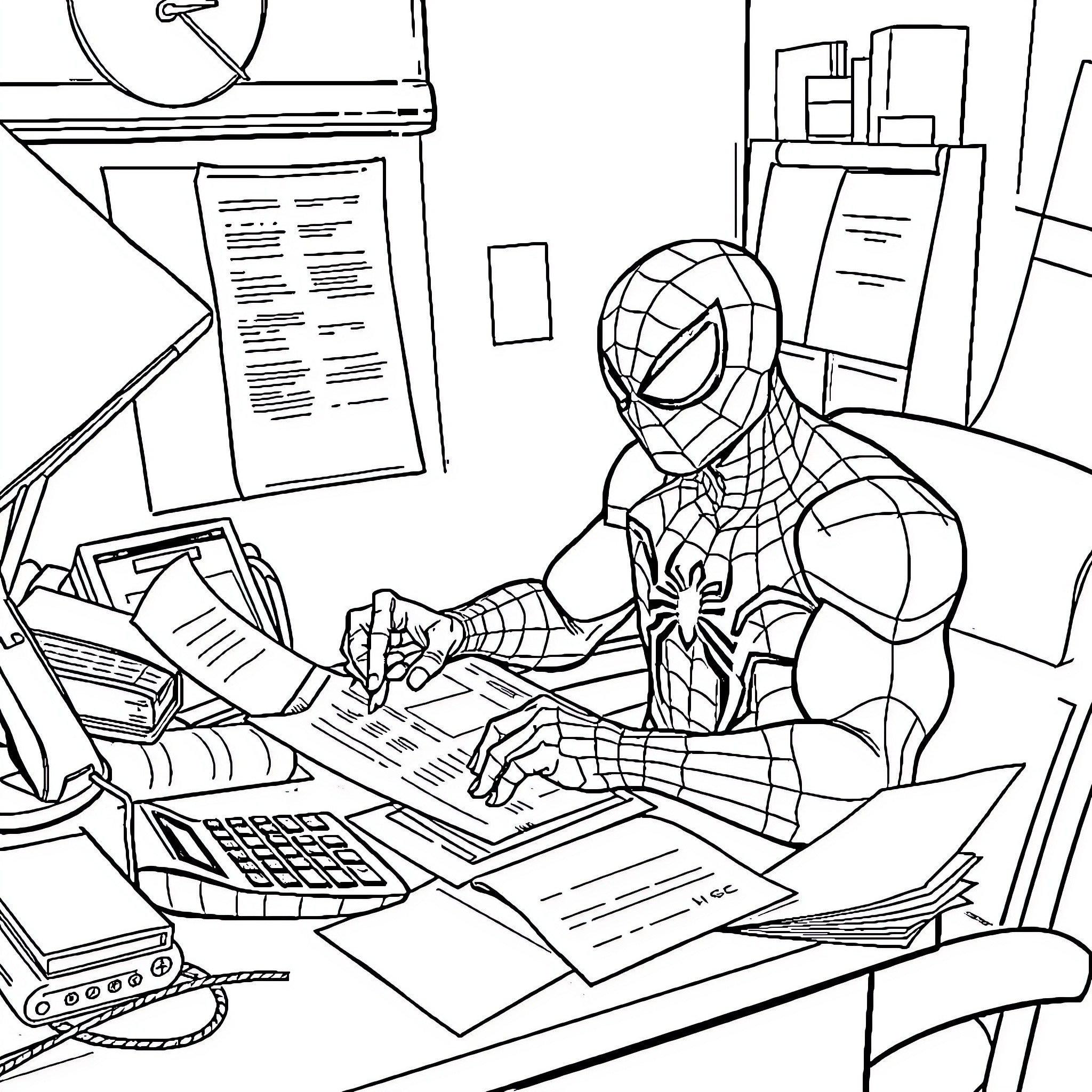 Spider-Man working diligently at his desk Coloring Page (free black-and-white line drawing printable PDF for all, from beginners to advanced learners, including children, teens, adults, and seniors)