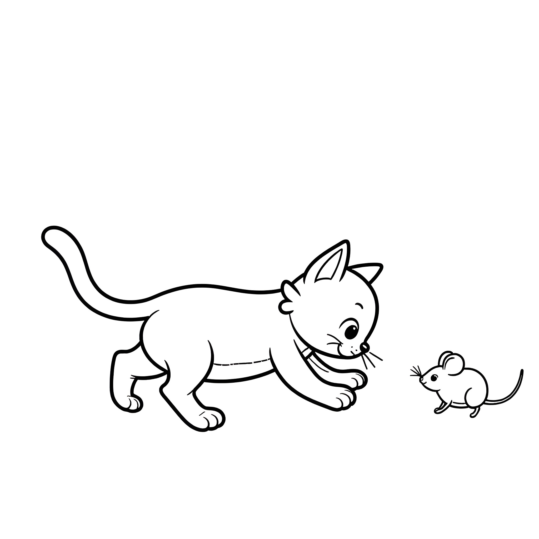 Kitten playing with a tiny mouse Coloring Page (free black-and-white line drawing printable PDF for all, from beginners to advanced learners, including children, teens, adults, and seniors)