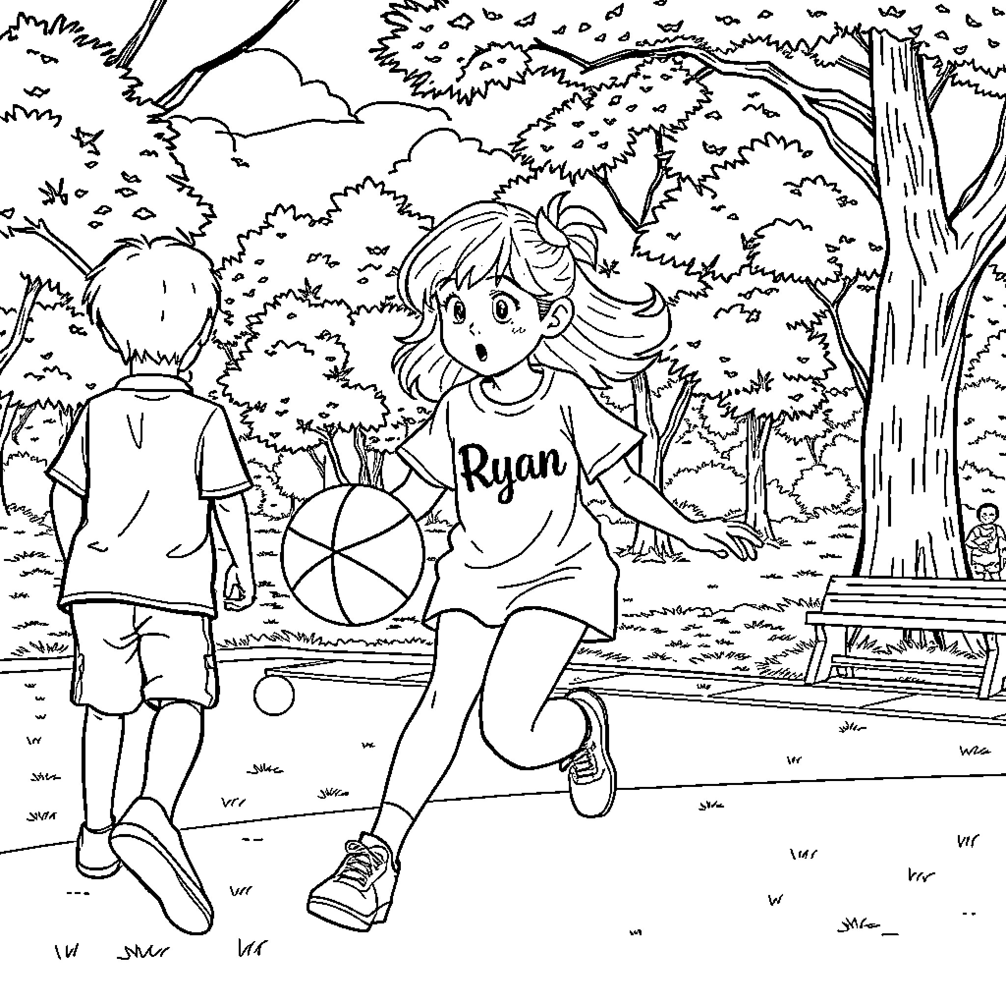Female friends playing with ball in park Coloring Page (free black-and-white line drawing printable PDF for all, from beginners to advanced learners, including children, teens, adults, and seniors)
