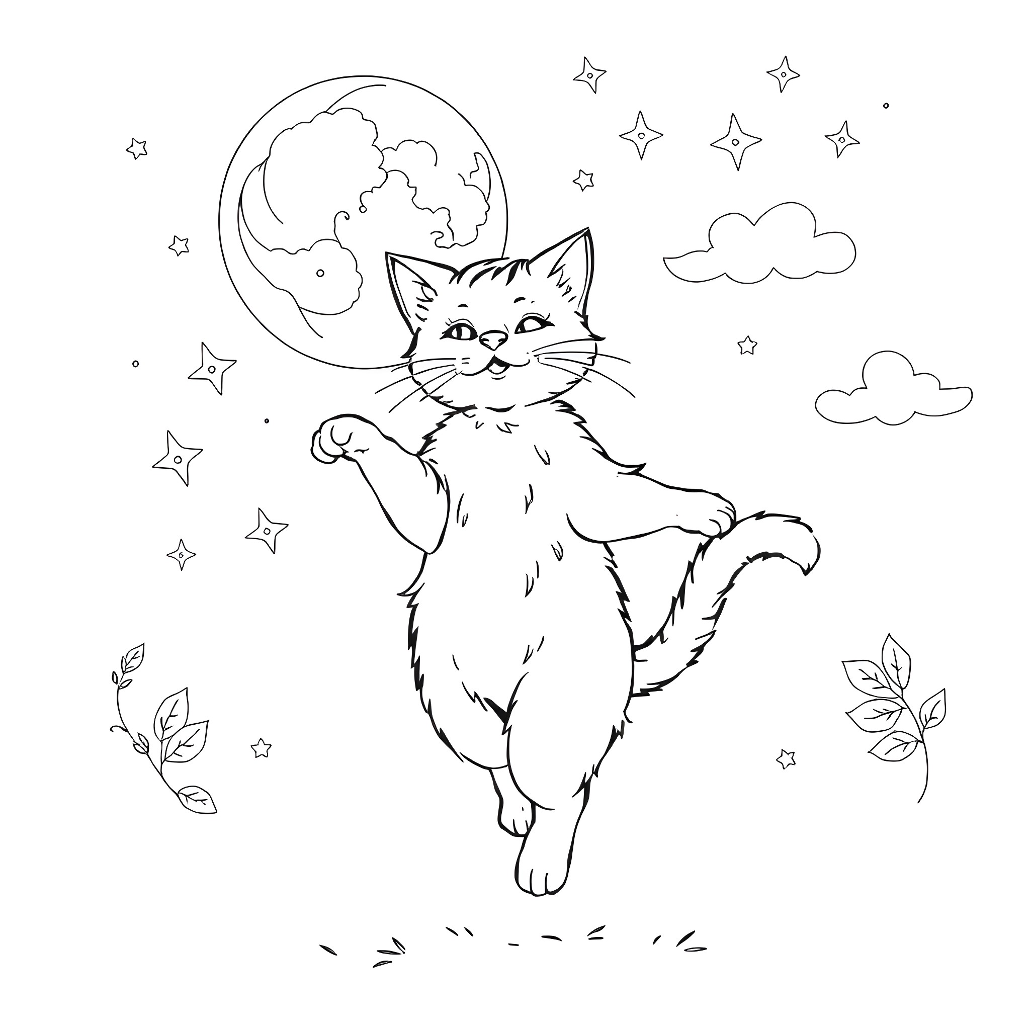 Cat playing under the starry night sky Coloring Page (free black-and-white line drawing printable PDF for all, from beginners to advanced learners, including children, teens, adults, and seniors)