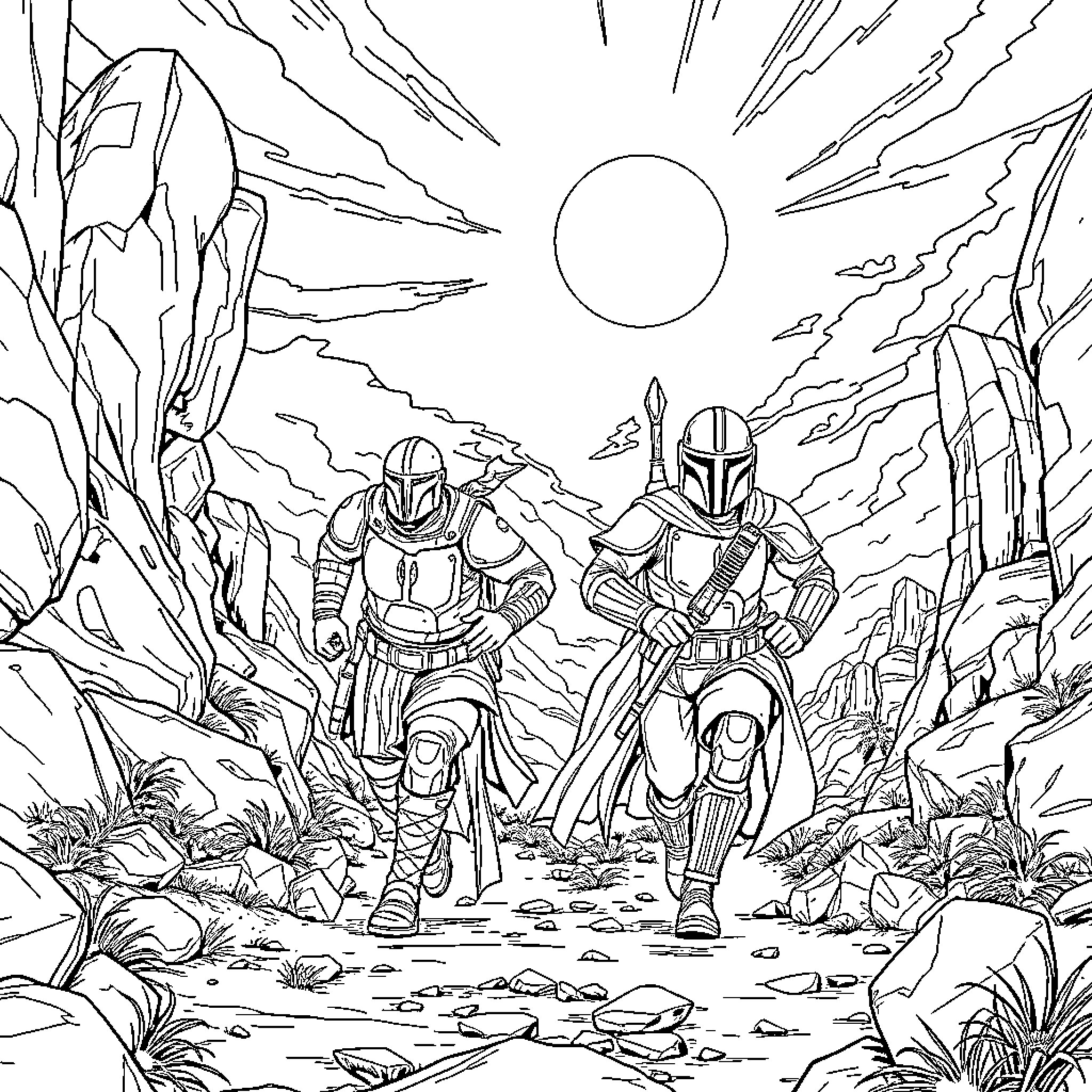 Grogu and armored companions on a desert journey Coloring Page (free black-and-white line drawing printable PDF for all, from beginners to advanced learners, including children, teens, adults, and seniors)